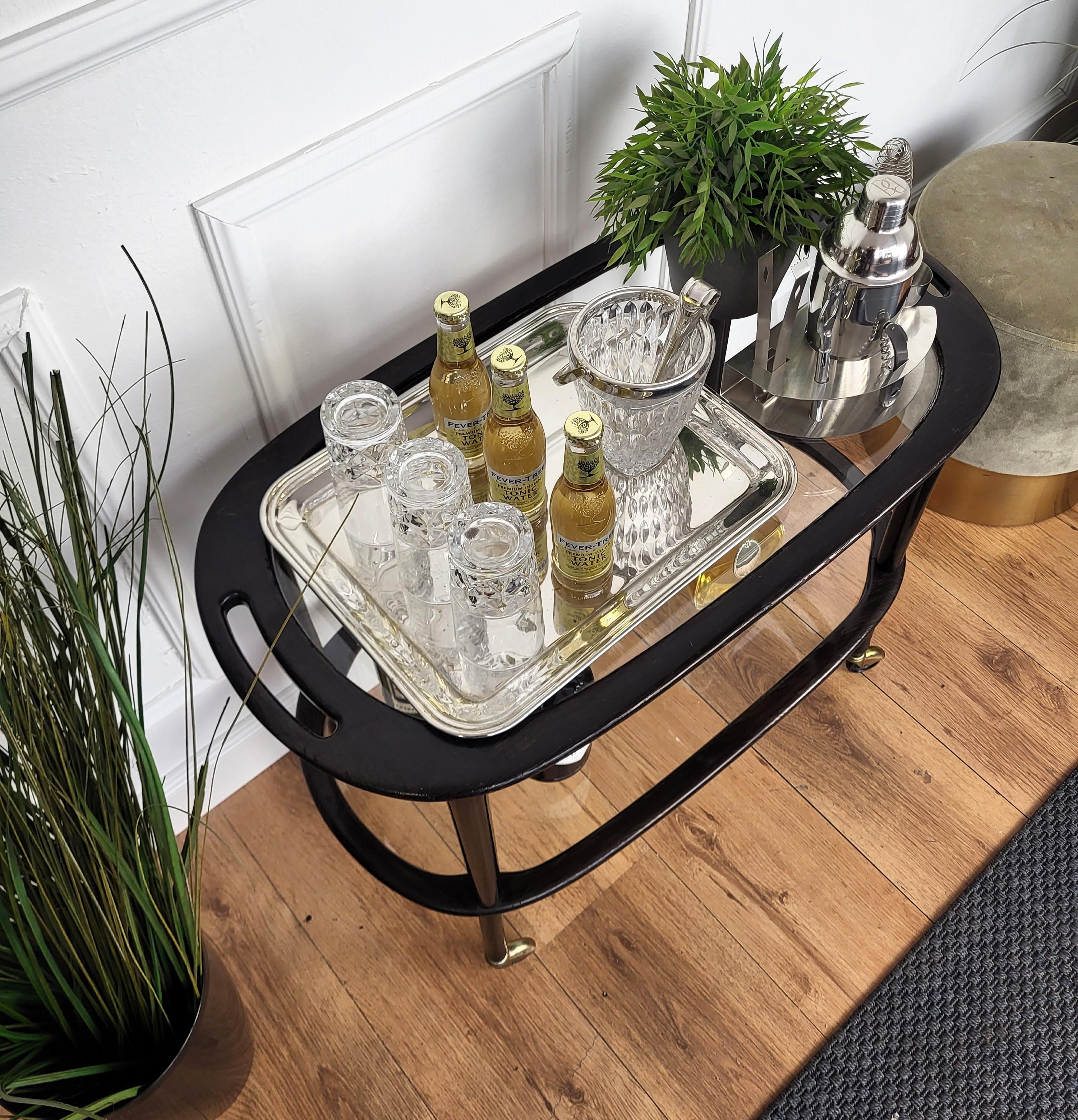 1950er Jahre Art Deco Mitte des Jahrhunderts Italienisch Holz und Messing Dry Bar Cabinet Liquor Cart im Zustand „Gut“ in Carimate, Como