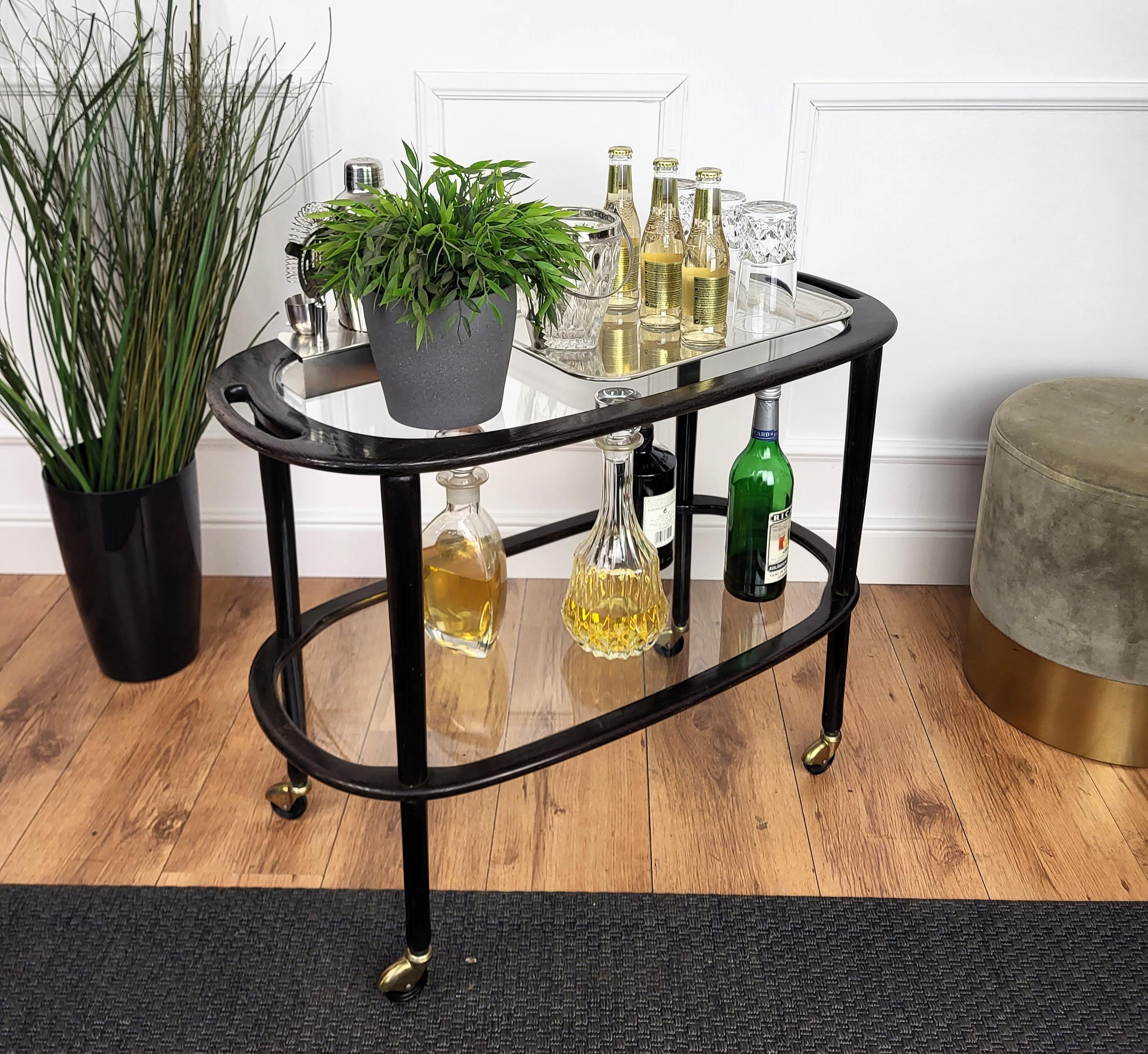 1950er Jahre Art Deco Mitte des Jahrhunderts Italienisch Holz und Messing Dry Bar Cabinet Liquor Cart 1