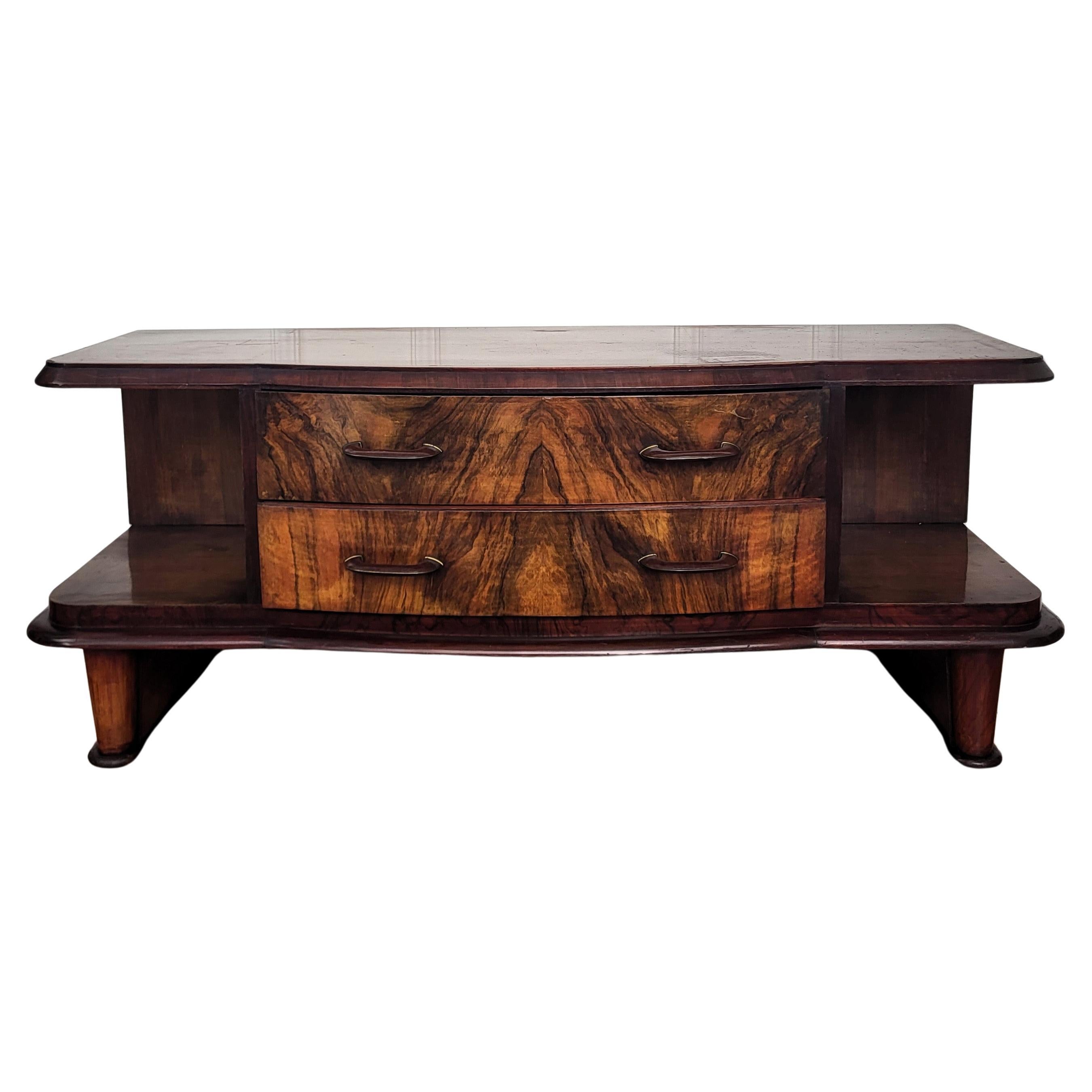 1950s Art Deco Midcentury Regency Italian Burl and Brass Low Consolle Sidetable For Sale