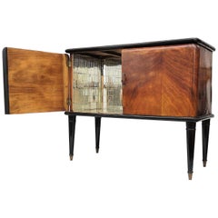 1950s Art Deco Midcentury Regency Italian Walnut Burl and Mirror Dry Bar Cabinet