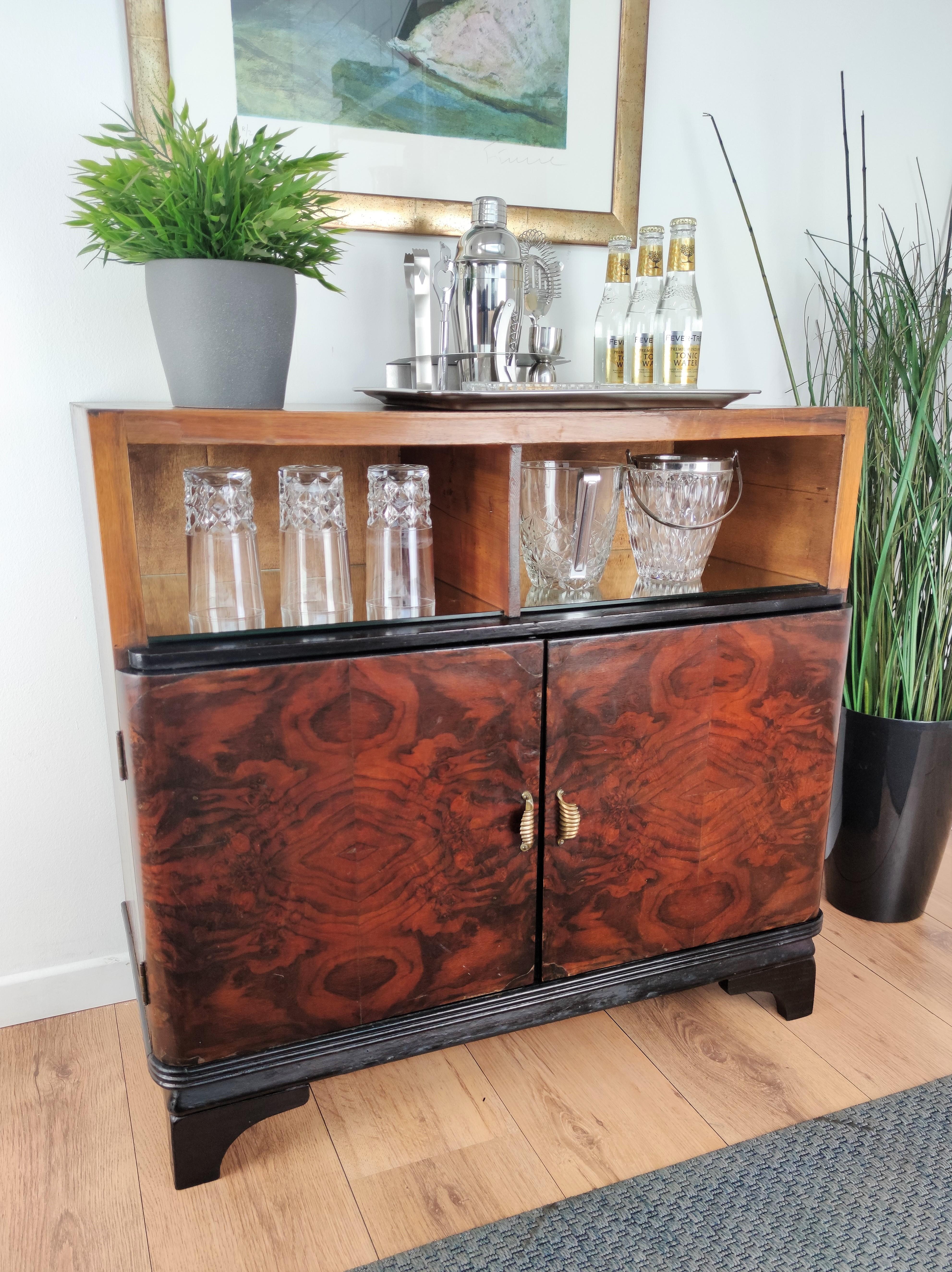 Mosaic 1950s Art Deco Midcentury Regency Italian Walnut, Burl & Mirror Dry Bar Cabinet
