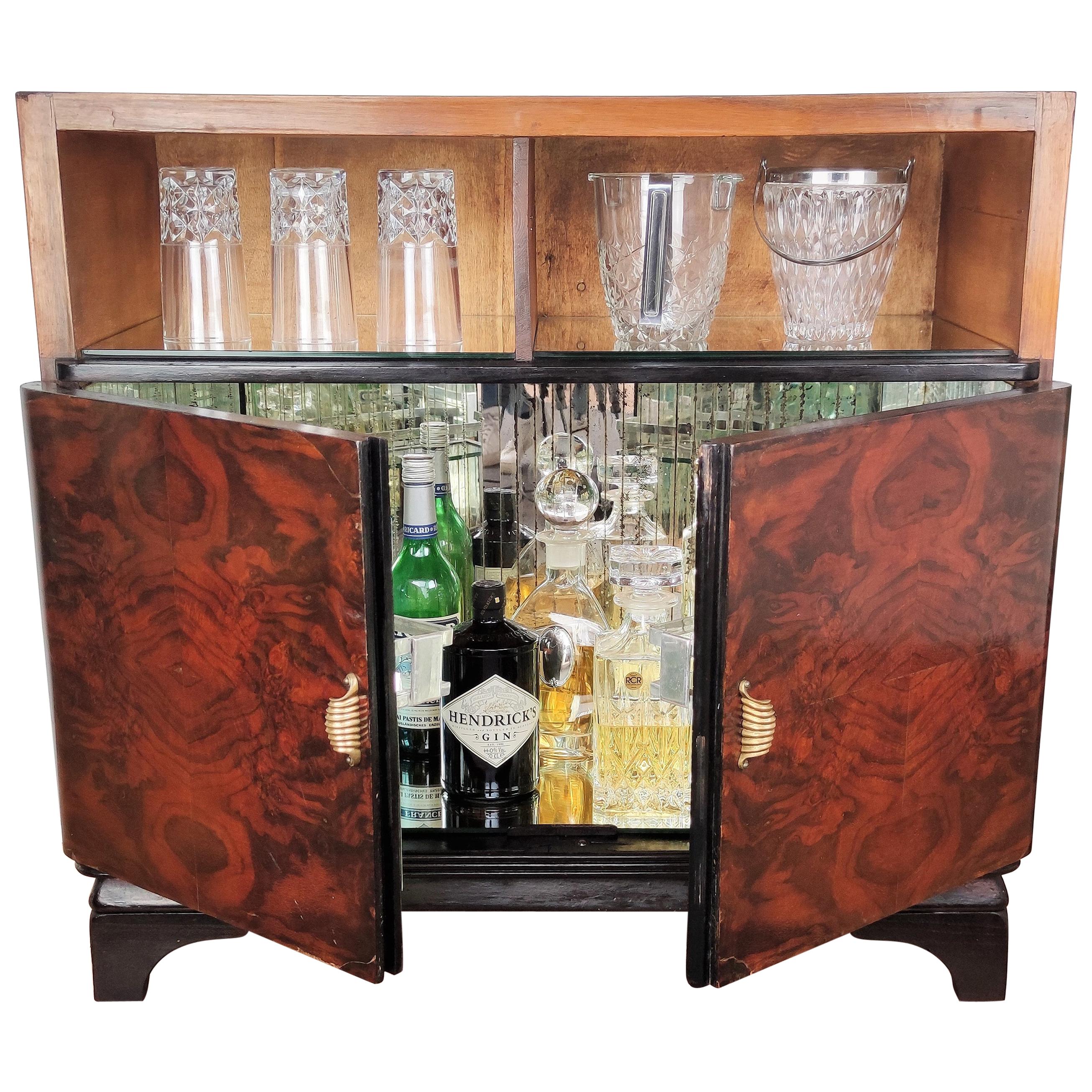 1950s Art Deco Midcentury Regency Italian Walnut Burl and Mirror Dry Bar Cabinet