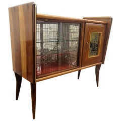 1950s Art Deco Midcentury Regency Italian Walnut:: Glass & Mirror Dry Bar Cabinet
