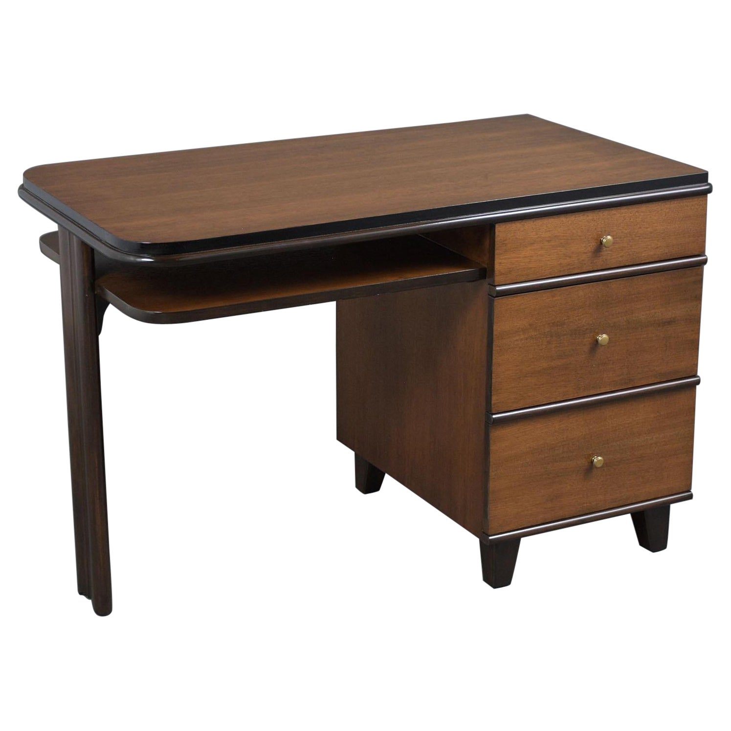 Wood 1950s Art Deco Pedestal Desk with Walnut & Ebonized Finish For Sale