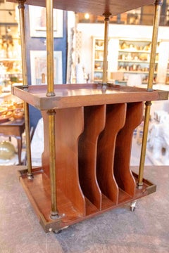 1950s Art Deco Side Table in Wood and Brass with Integrated Magazine Rack