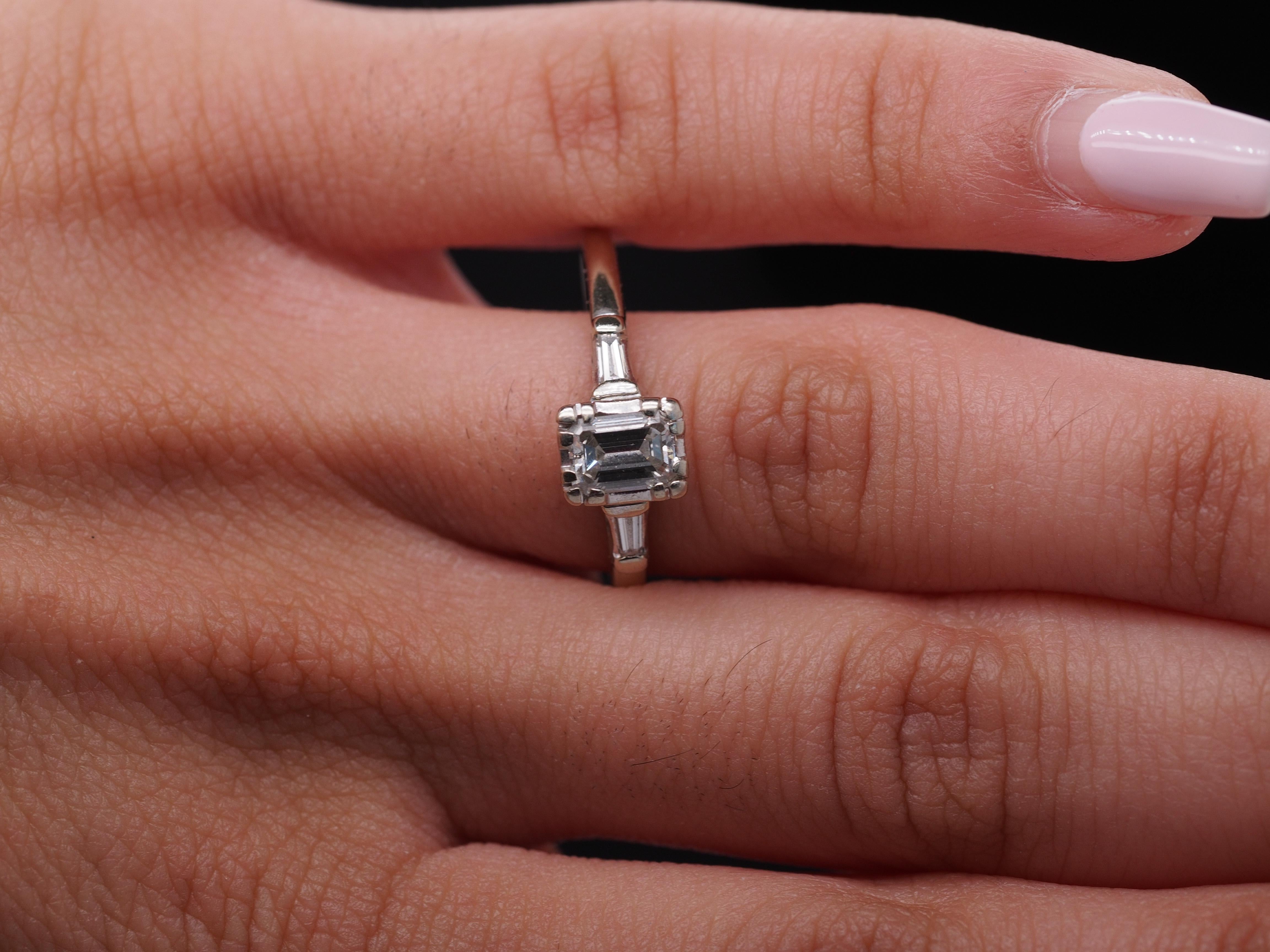 Retro 1950s Art Deco Style 14k White Gold .50 Carat Emerald Cut Engagement Ring For Sale