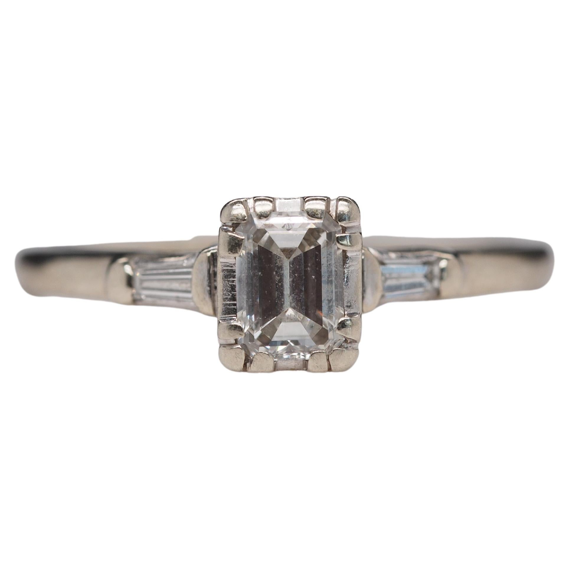 1950s Art Deco Style 14k White Gold .50 Carat Emerald Cut Engagement Ring For Sale
