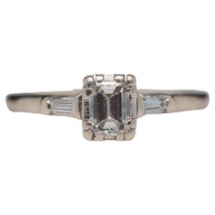 1950s Art Deco Style 14k White Gold .50 Carat Emerald Cut Engagement Ring