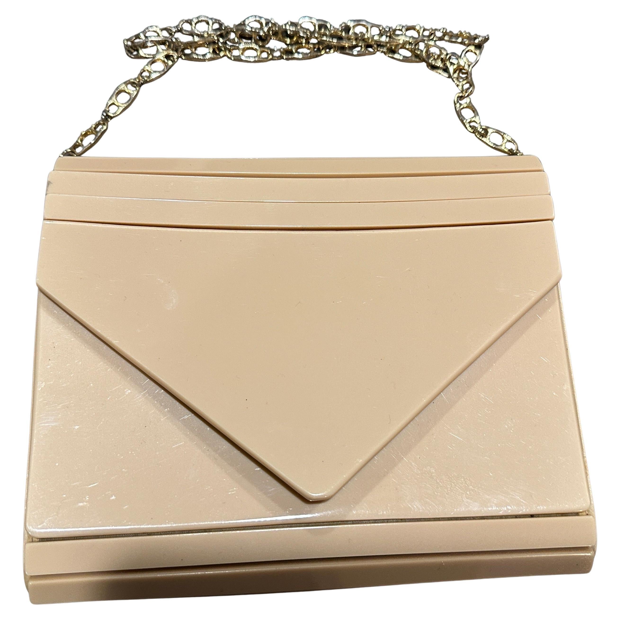 Sac de soirée en bakélite et cuir de couleur crème, style Art déco des années 1950 en vente