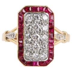 Anillo de oro amarillo de 18 quilates con diamantes calibrados gemas rojas estilo art déco de los años 50