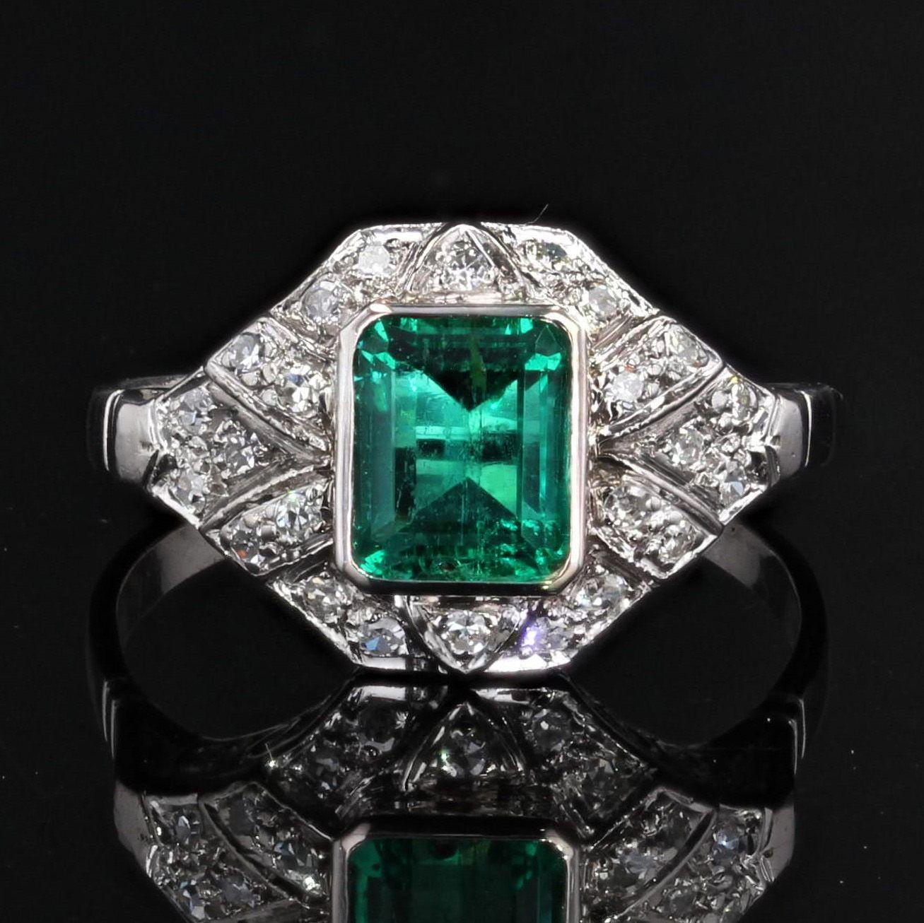Emerald Cut 1950s Art Deco Style Emerald Diamonds 18 Karat White Gold Ring For Sale