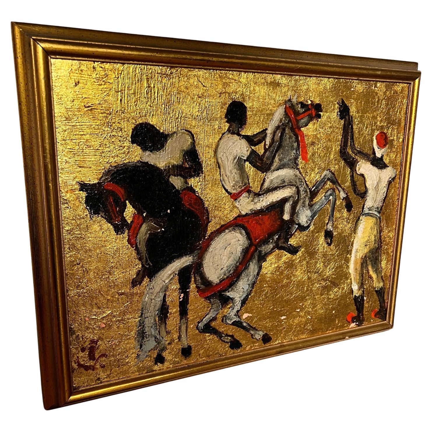 American intra-war artist and illustrator Porter Woodruff (1894-1959). Arabian Horses and Riders, oil and gold leaf on board with chalky gouache. Signed Porter Woodruff Hammamet 1958 in pencil on the back. Initialed PW on lower left of