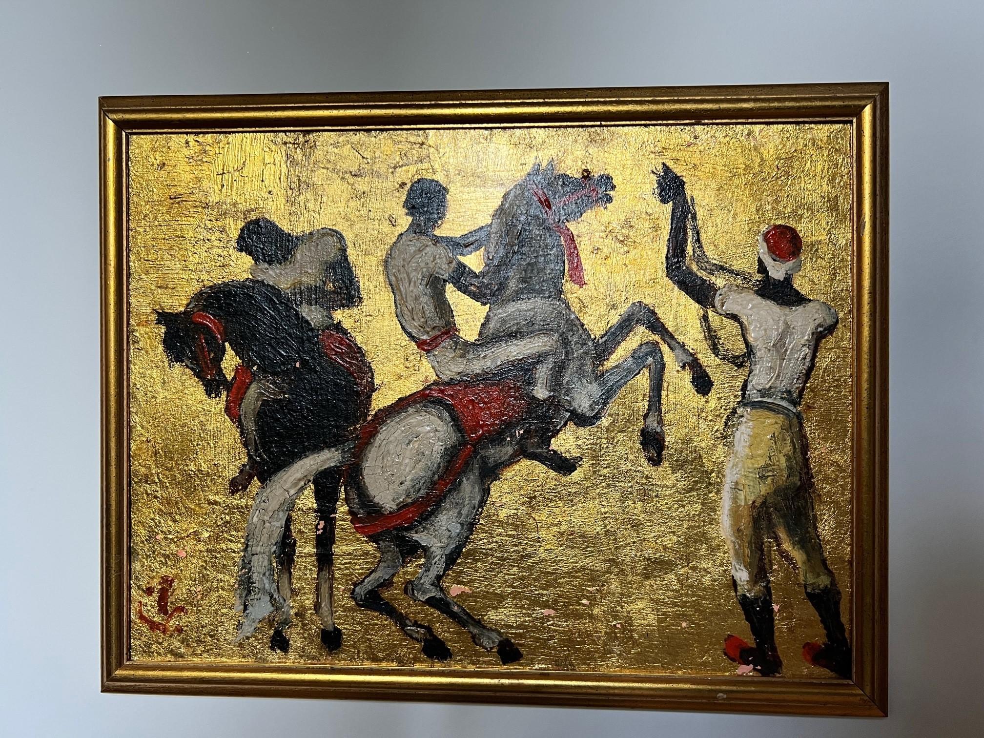 Gilt 1950s Art Deco Style Figurative Painting, Horses with Riders by Porter Woodruff
