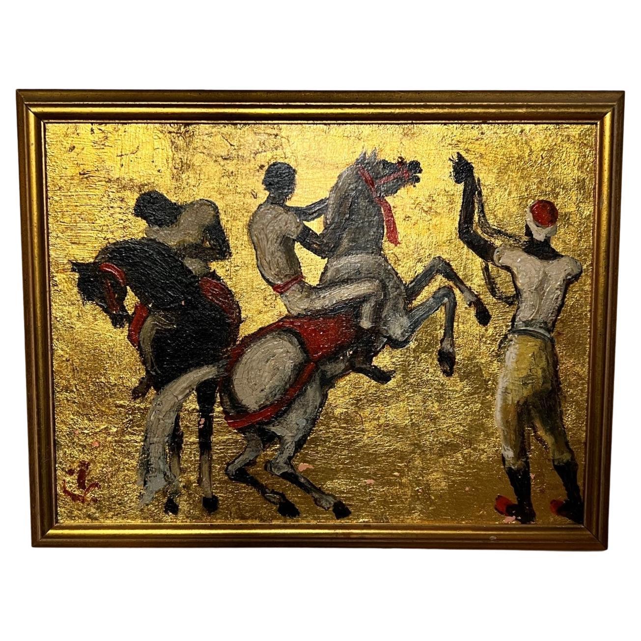 1950s Art Deco Style Figurative Painting, Horses with Riders by Porter Woodruff