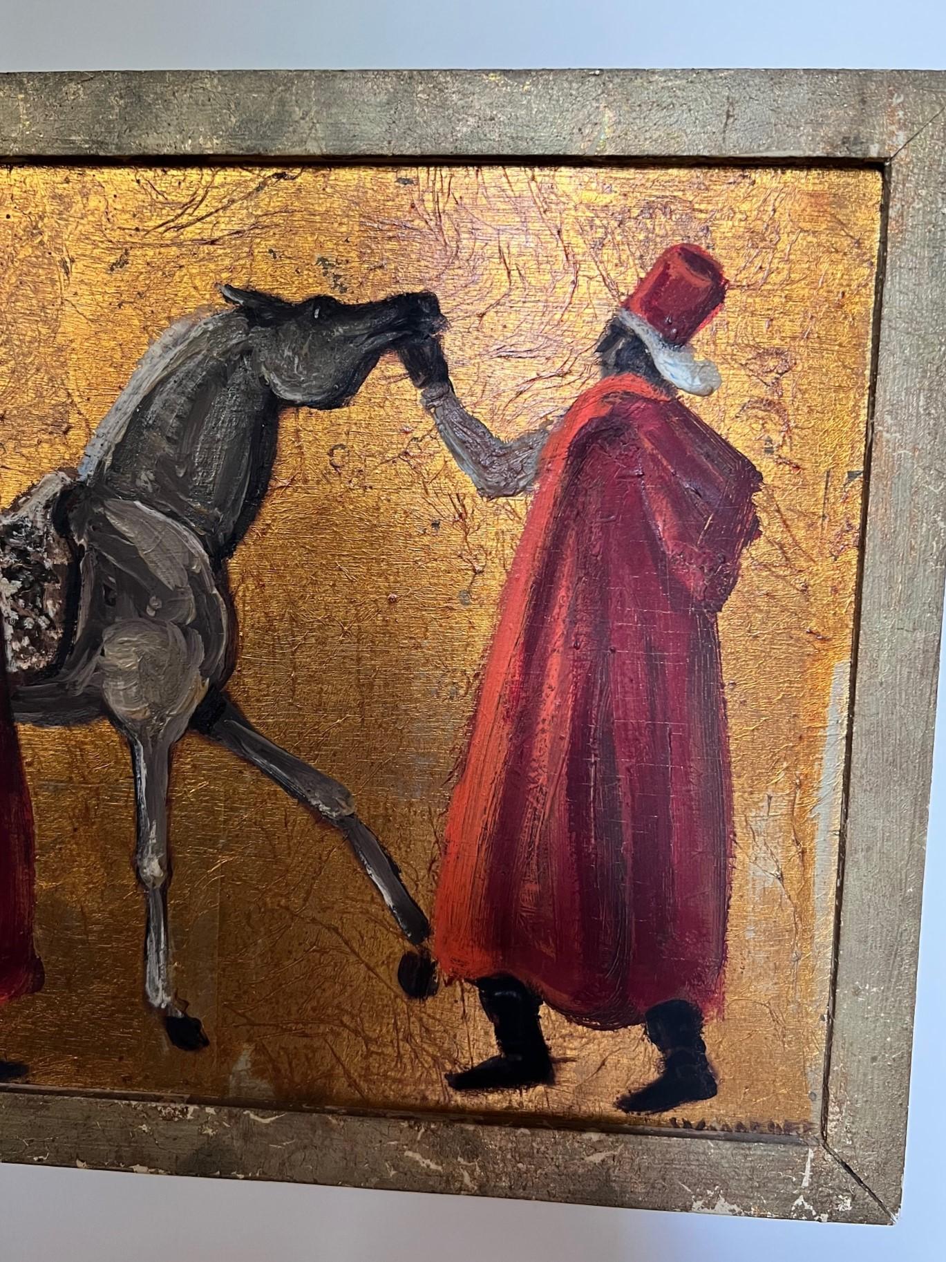 American intra-war artist and illustrator Porter Woodruff (1894-1959). Arabian Horse scene, oil and gold leaf on board with chalky gouache. Signed Woodruff on lower right of painting. Signature somewhat obscured by frame.

His Art Deco-influenced