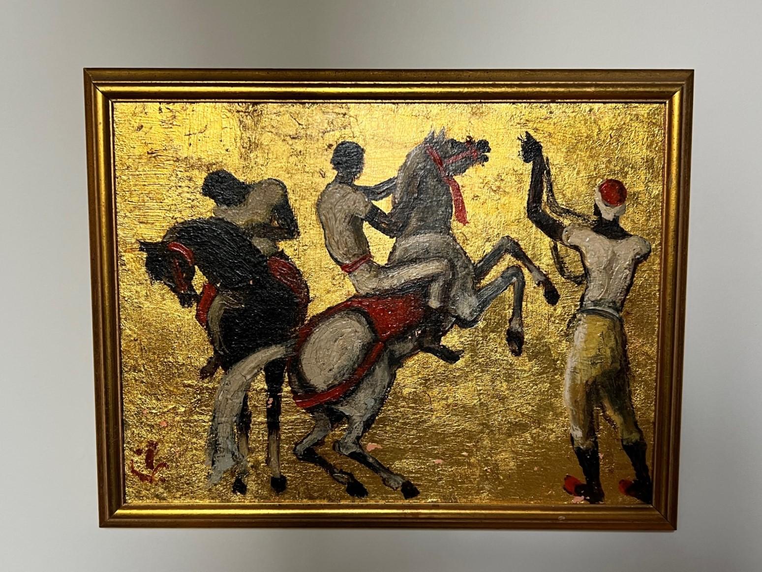 Painted 1950s Art Deco Style Figurative Painting with Horses by Porter Woodruff, Framed For Sale