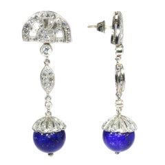 1950s Art Deco Style Long Pendant Platinum Diamond Earrings with Lapis Lazuli