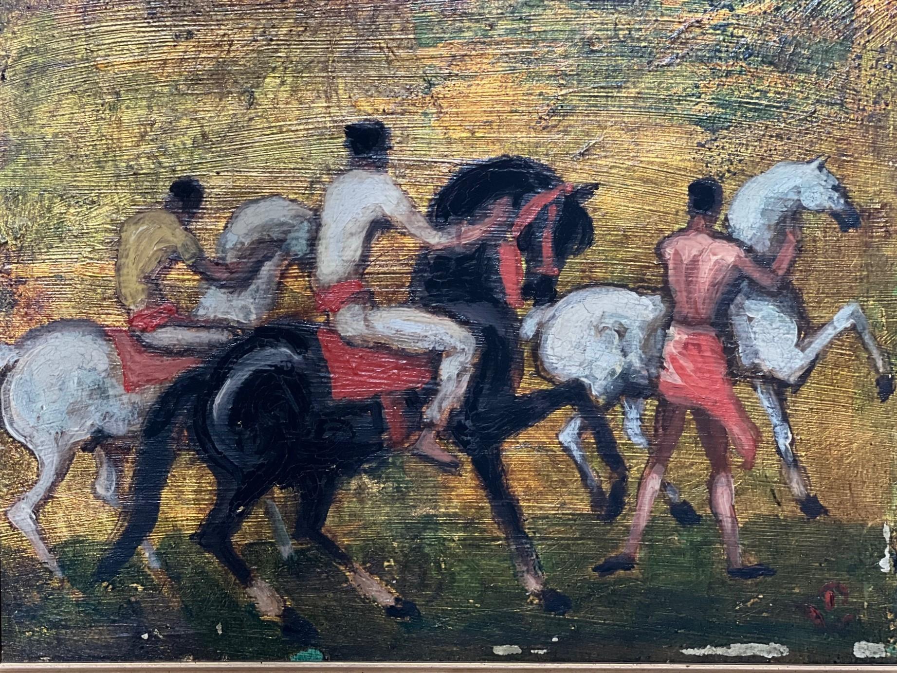 American intra-war artist and illustrator Porter Woodruff (1894-1959). Arabian Horses and Riders, oil on board with chalky gouache. Signed Porter Woodruff Hammamet 1958 in pencil on the back. Indistinct PW on lower right of painting.

His Art