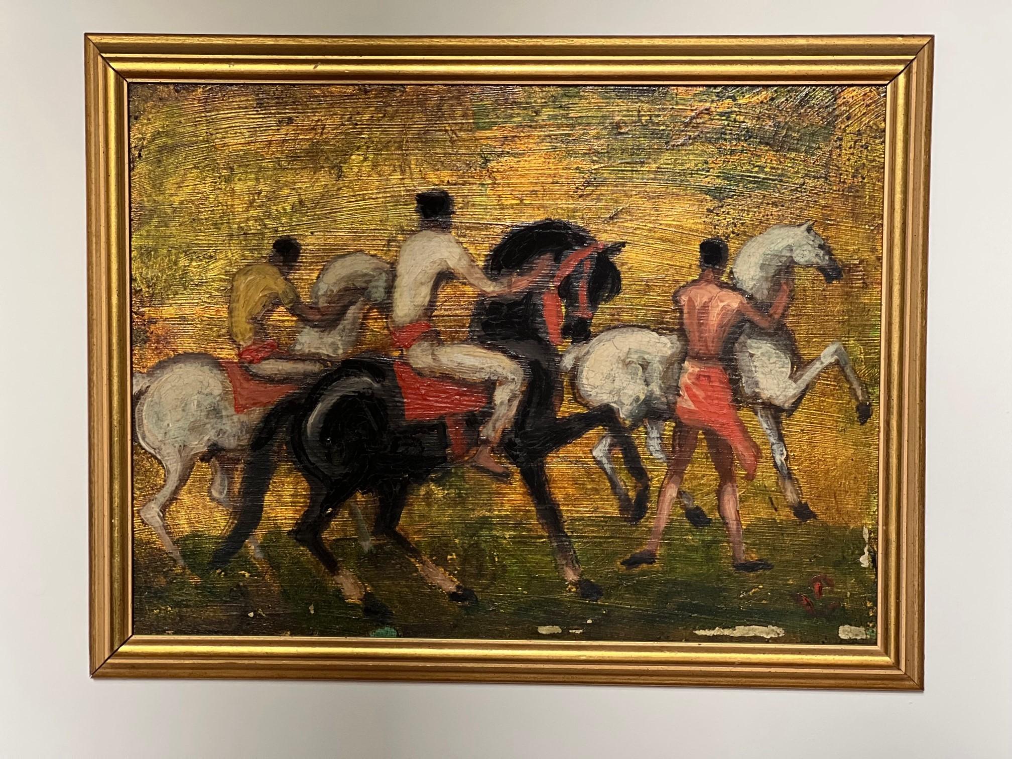 Gilt 1950s Art Deco Style Painting of Racing Arabian Horses by Porter Woodruff