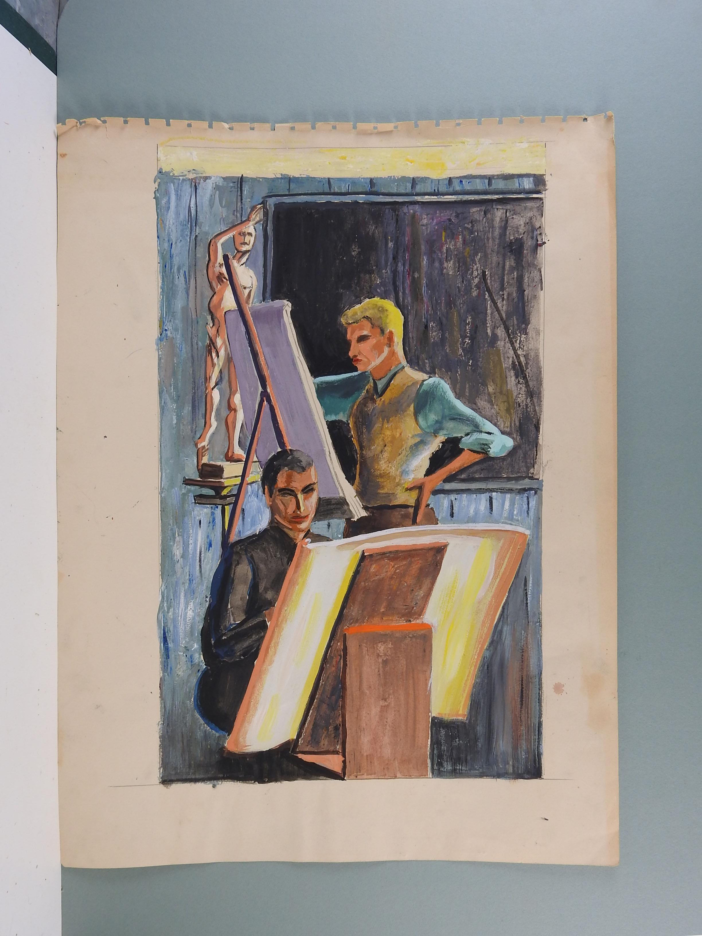 Modernist gouache on paper of students in an art studio by Geneva Flores Hart Fell (1906-2008). Unsigned, circa 1950. Unframed. Image size, 19