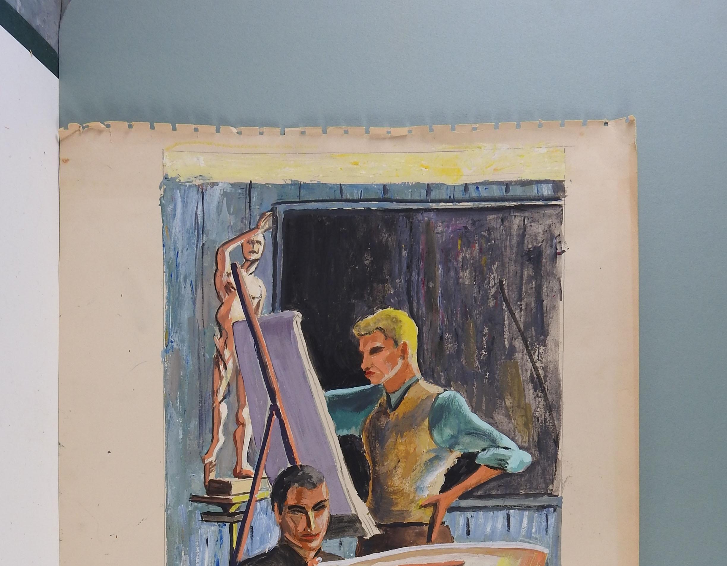 Mid-Century Modern 1950s Art Students in Studio Painting For Sale