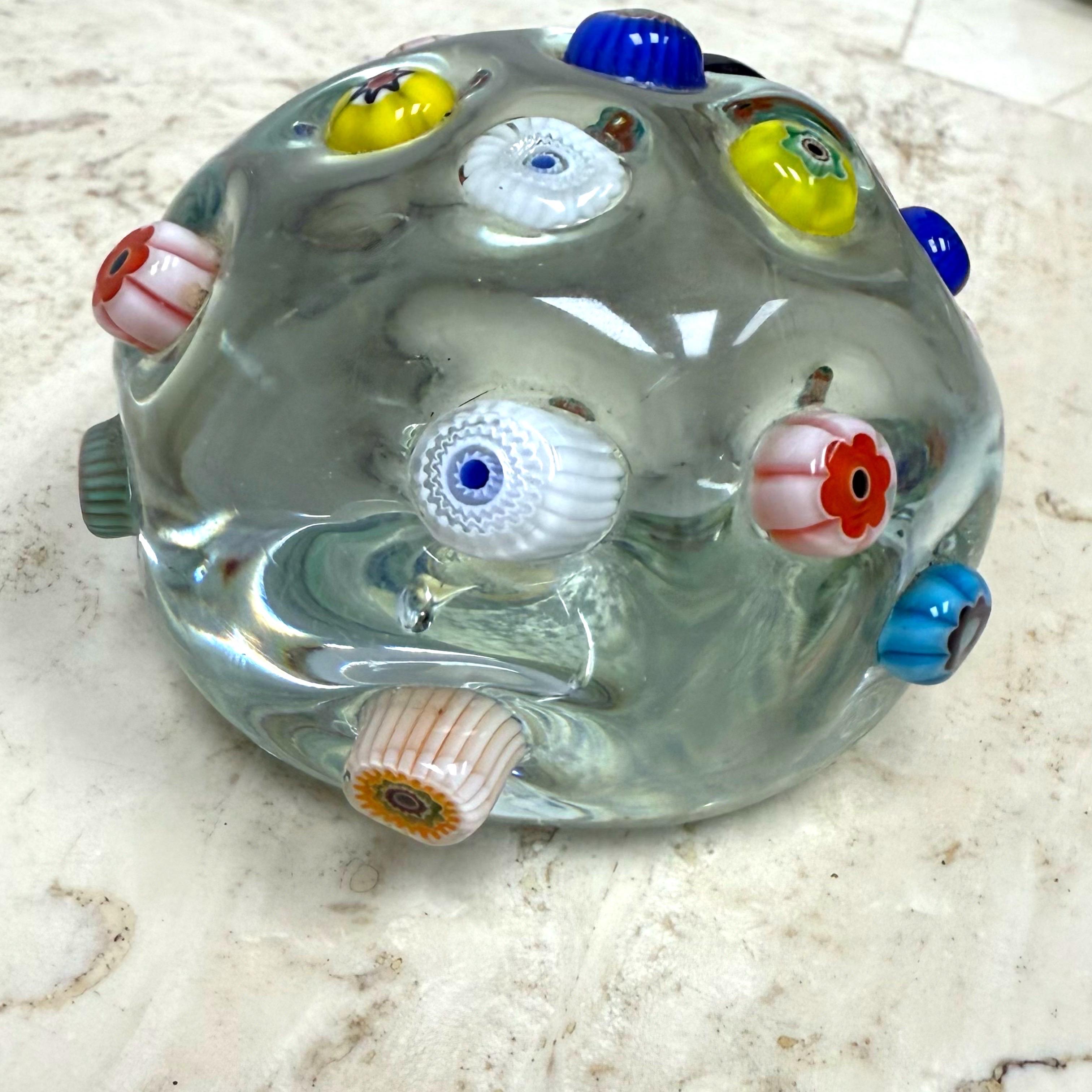 Mid-Century Modern 1950s Arte Murano Millefiori Cane Round Globe Clear Paperweight For Sale
