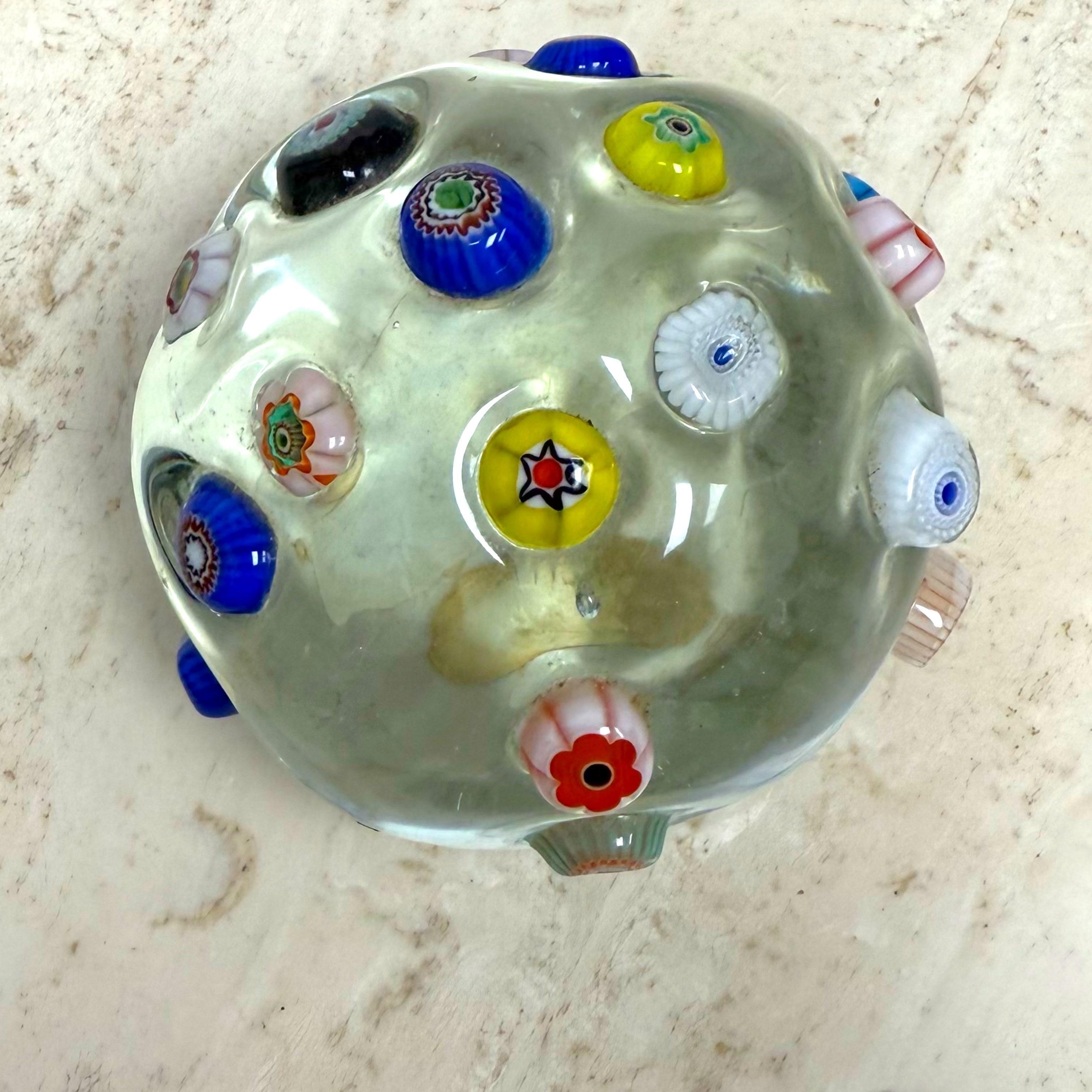 Italian 1950s Arte Murano Millefiori Cane Round Globe Clear Paperweight For Sale