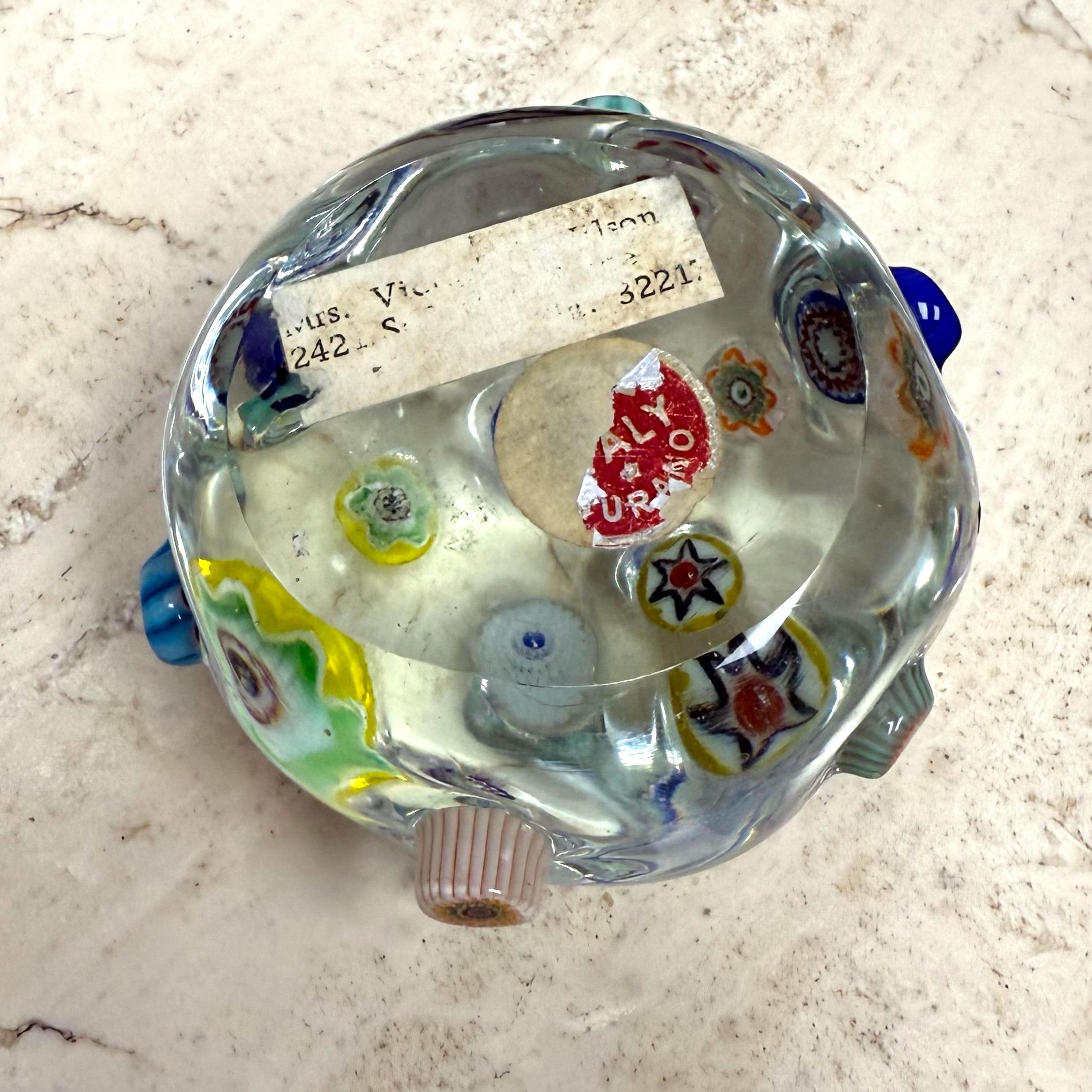 1950s Arte Murano Millefiori Cane Round Globe Clear Paperweight For Sale 1