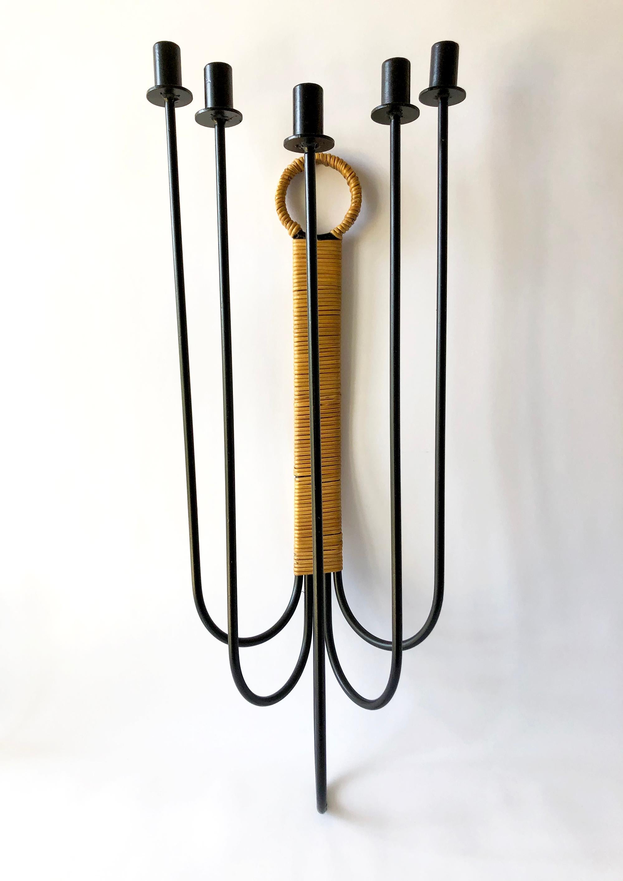 Italian 1950s Arthur Umanoff for Raymor Italy Caned Wrought Iron Wall Candelabrum