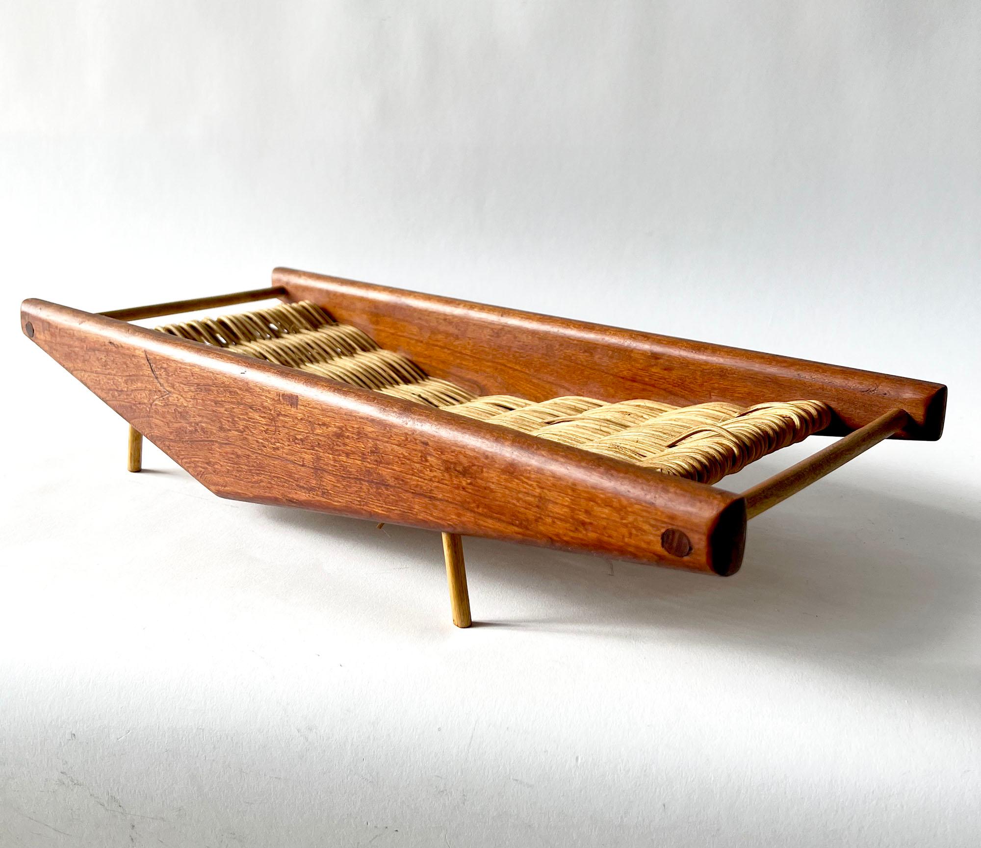 Mid-Century Modern 1950s, Arthur Umanoff Teak Wood with Hand Woven Wicker Rattan Basket