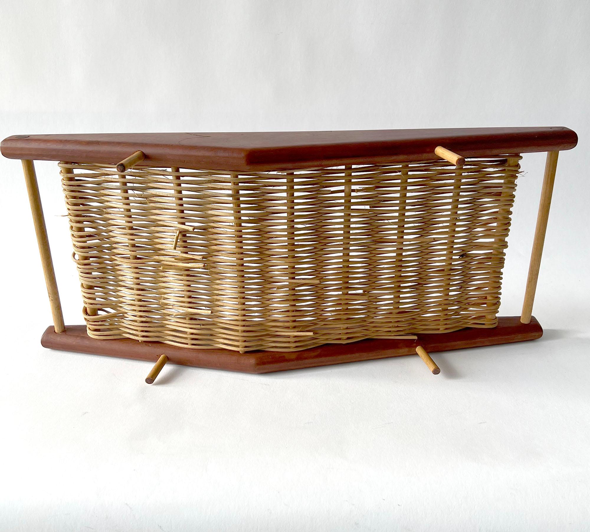 American 1950s, Arthur Umanoff Teak Wood with Hand Woven Wicker Rattan Basket