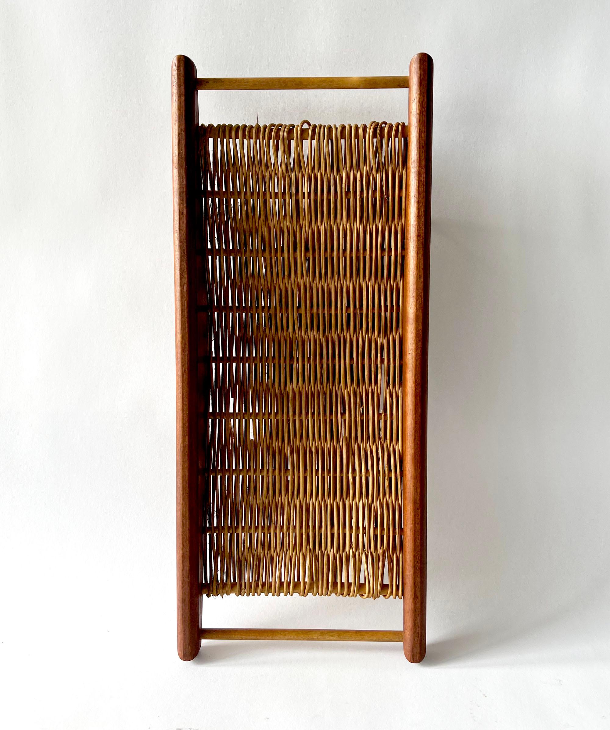 Hand-Woven 1950s, Arthur Umanoff Teak Wood with Hand Woven Wicker Rattan Basket
