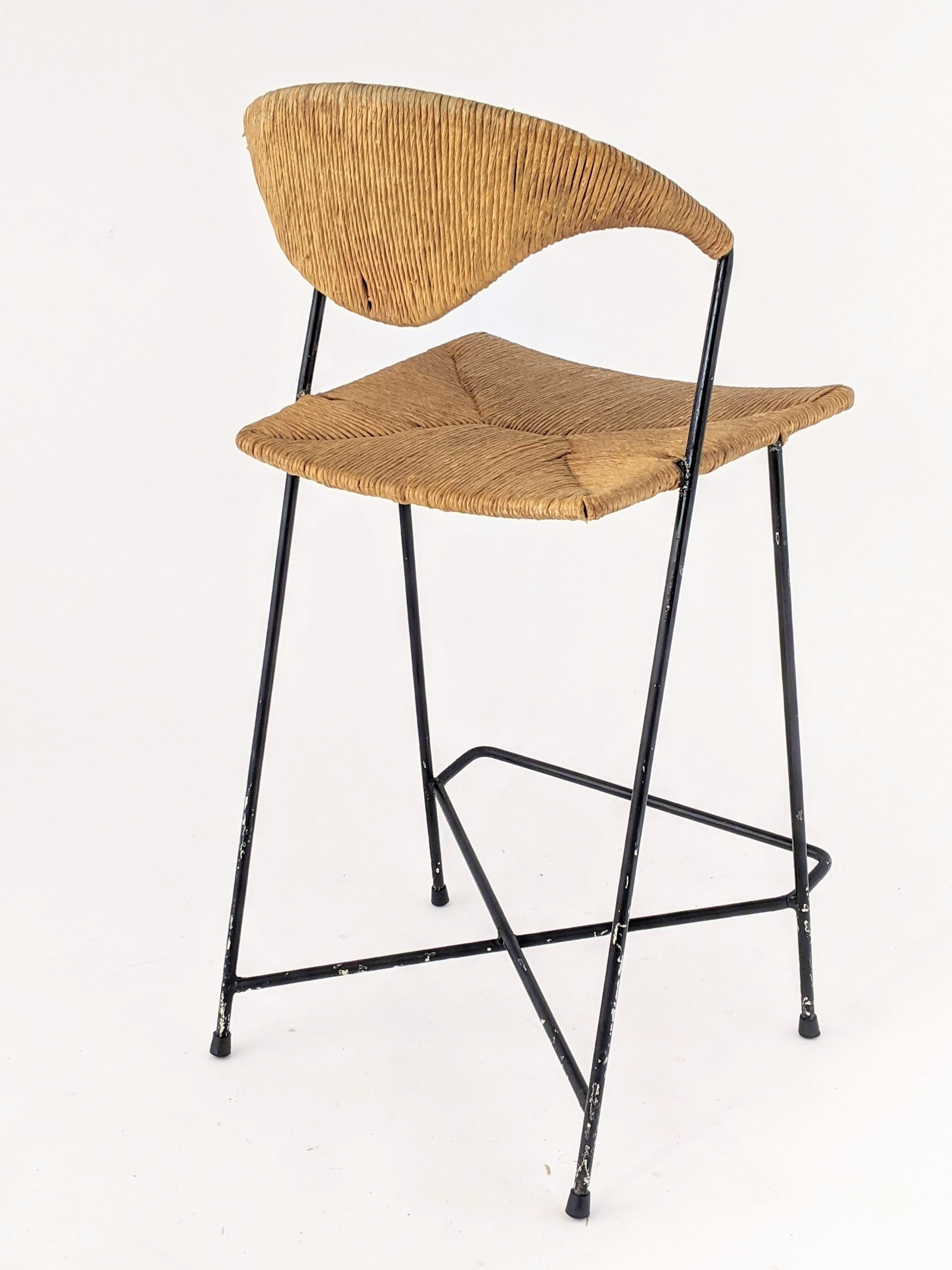 1950s Arthur Umanoff Wicker & Steel Rod High Chair, USA For Sale 1