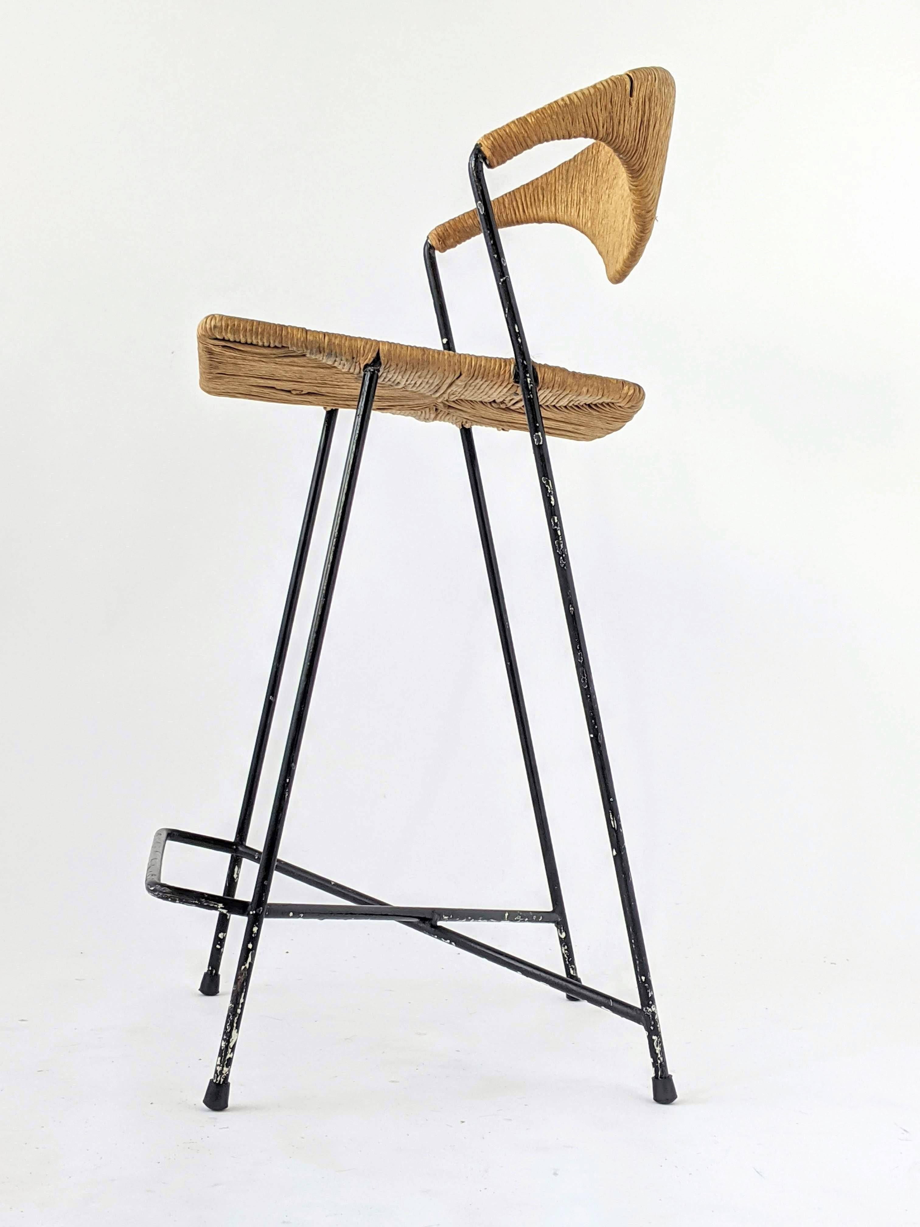 Mid-Century Modern Chaise haute en osier et tige en acier Arthur Umanoff, années 1950, USA en vente