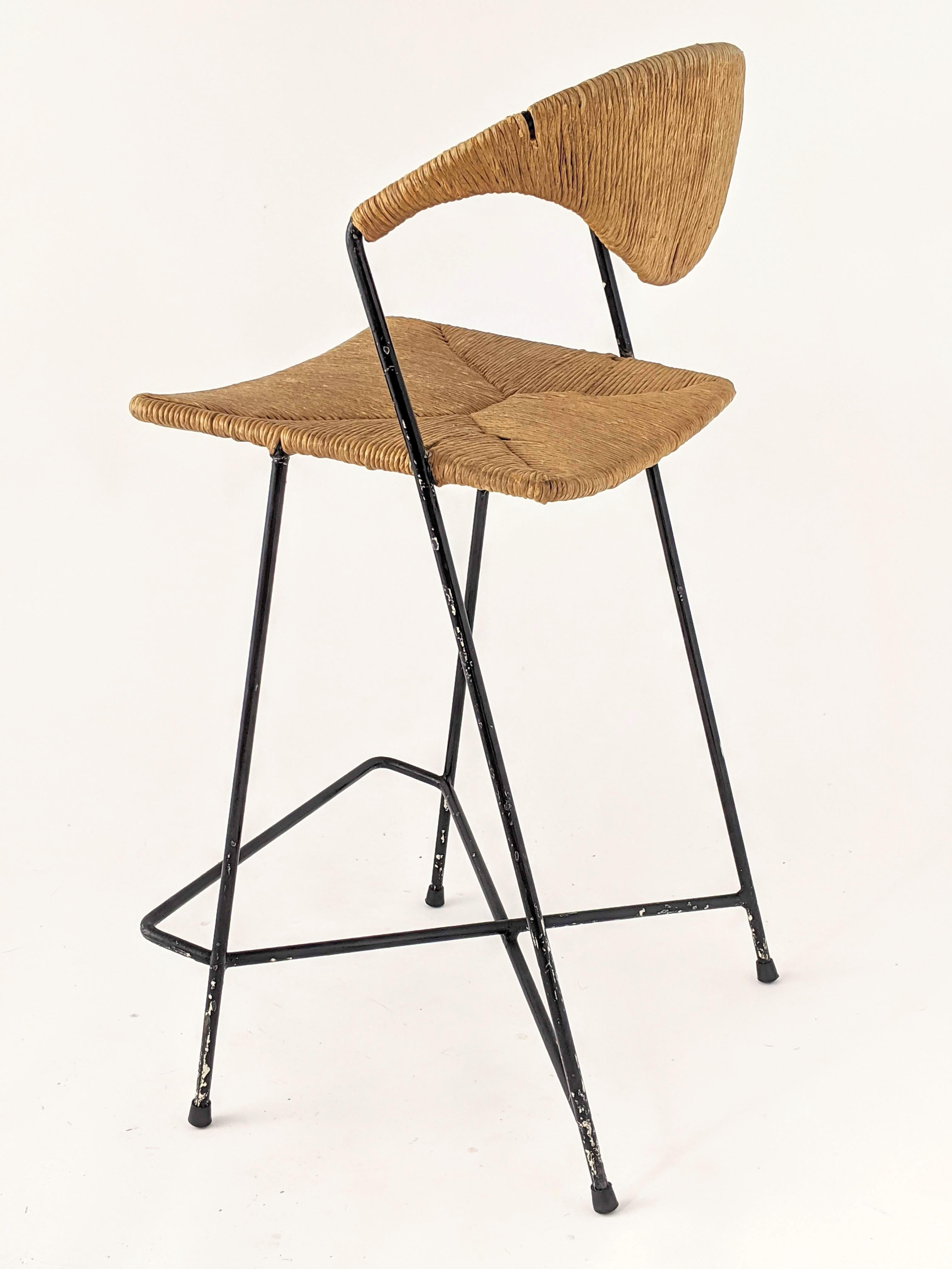 Mid-Century Modern 1950s Arthur Umanoff Wicker & Steel Rod High Chair, USA For Sale