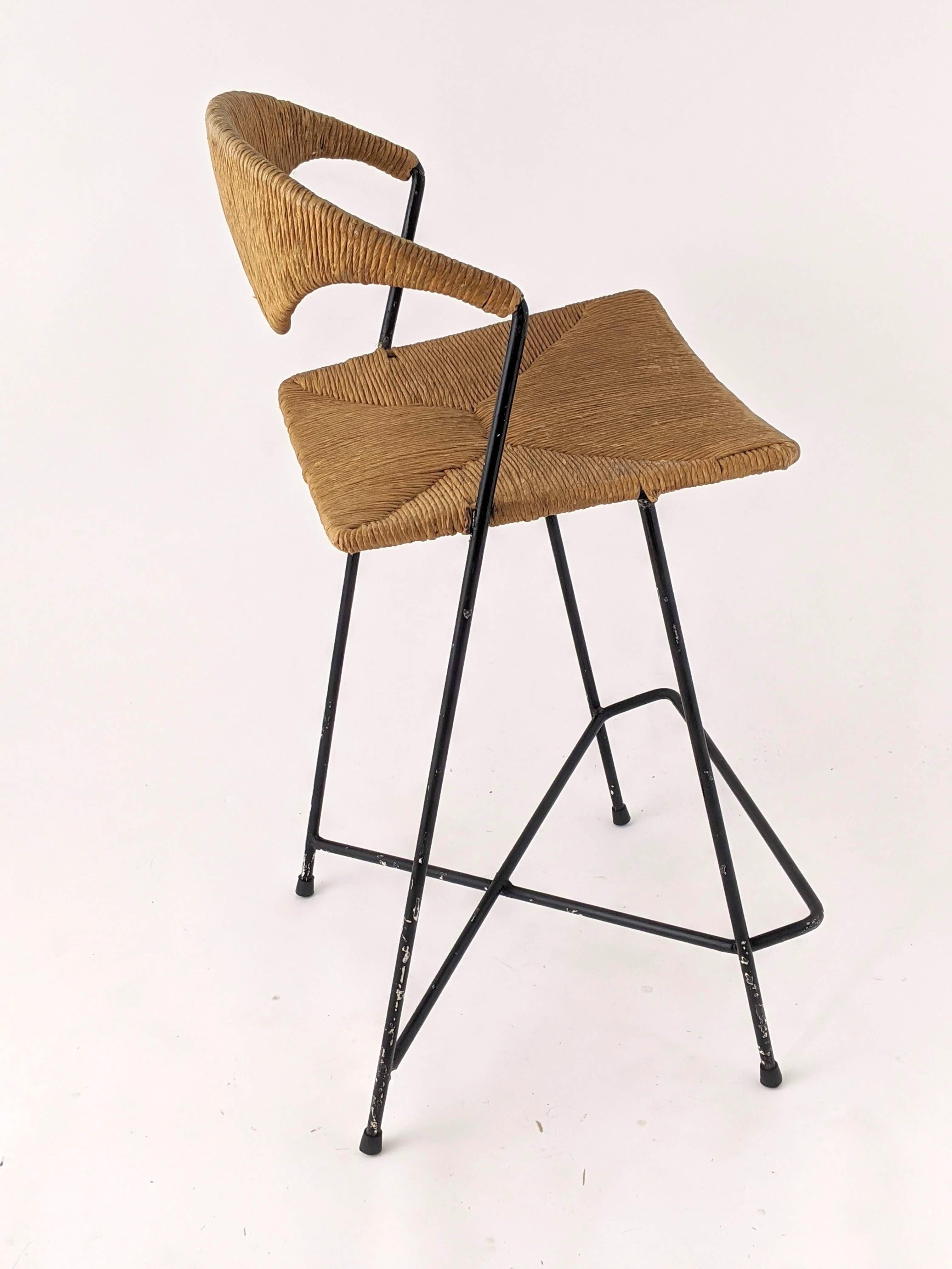 Mid-20th Century 1950s Arthur Umanoff Wicker & Steel Rod High Chair, USA For Sale