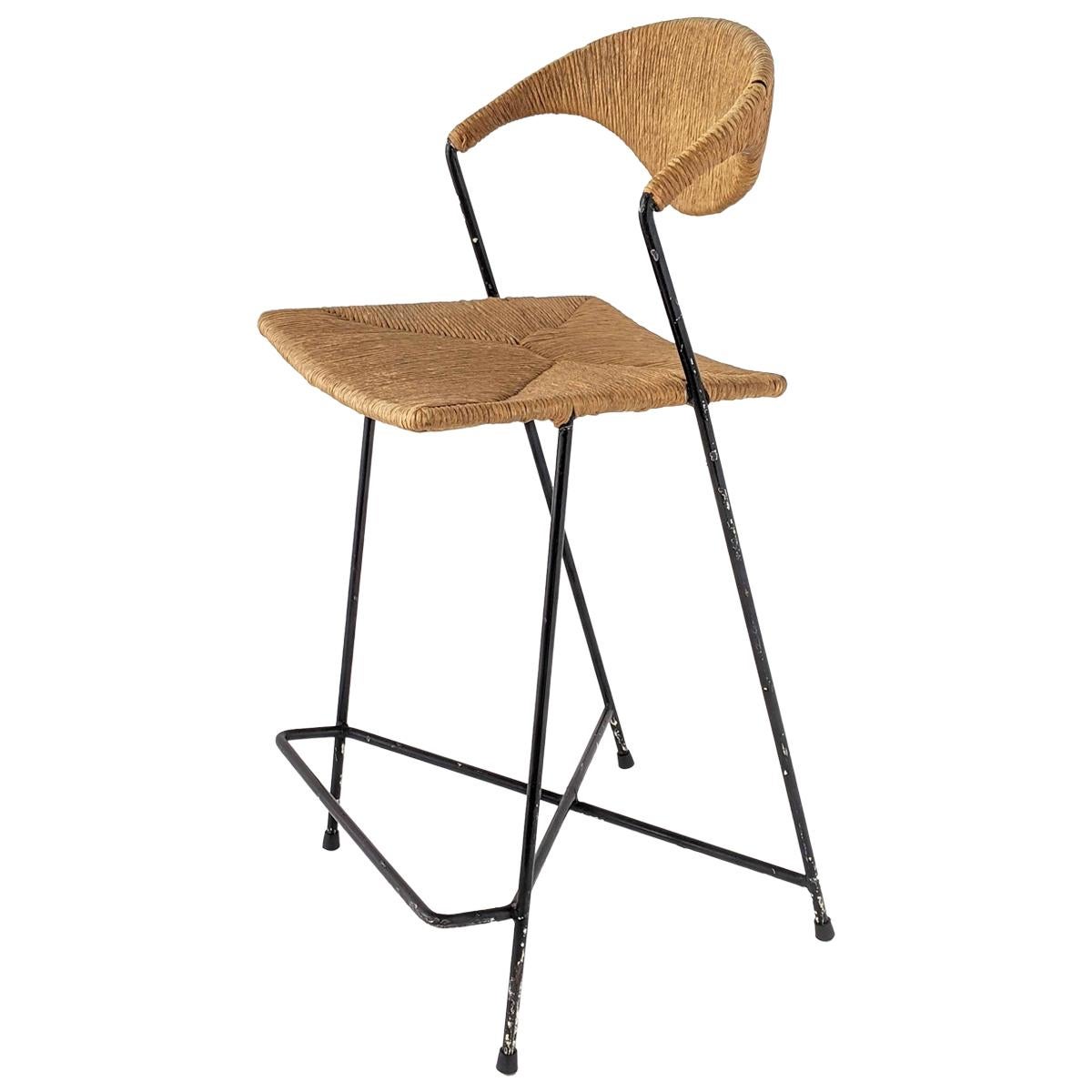 1950s Arthur Umanoff Wicker & Steel Rod High Chair, USA For Sale