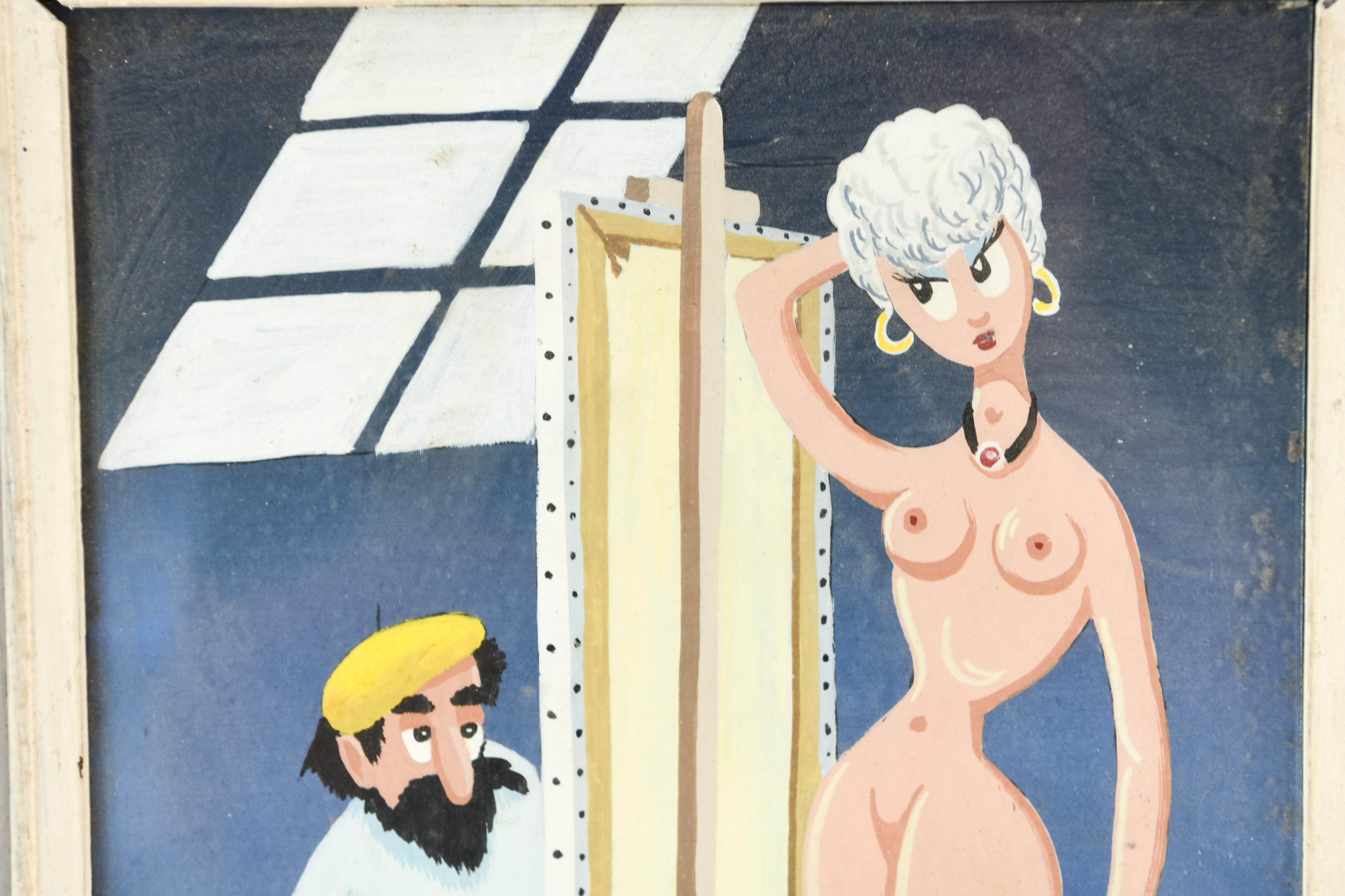 Mid-Century Modern 1950s Artist Painting a Female Nude O/B