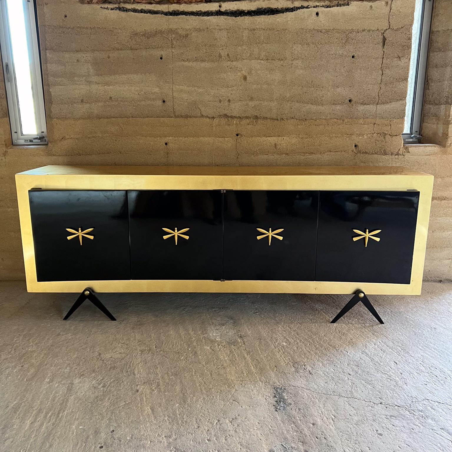 1950s Arturo Pani Black Dragonfly Credenza with Gold Leaf In Good Condition For Sale In Chula Vista, CA