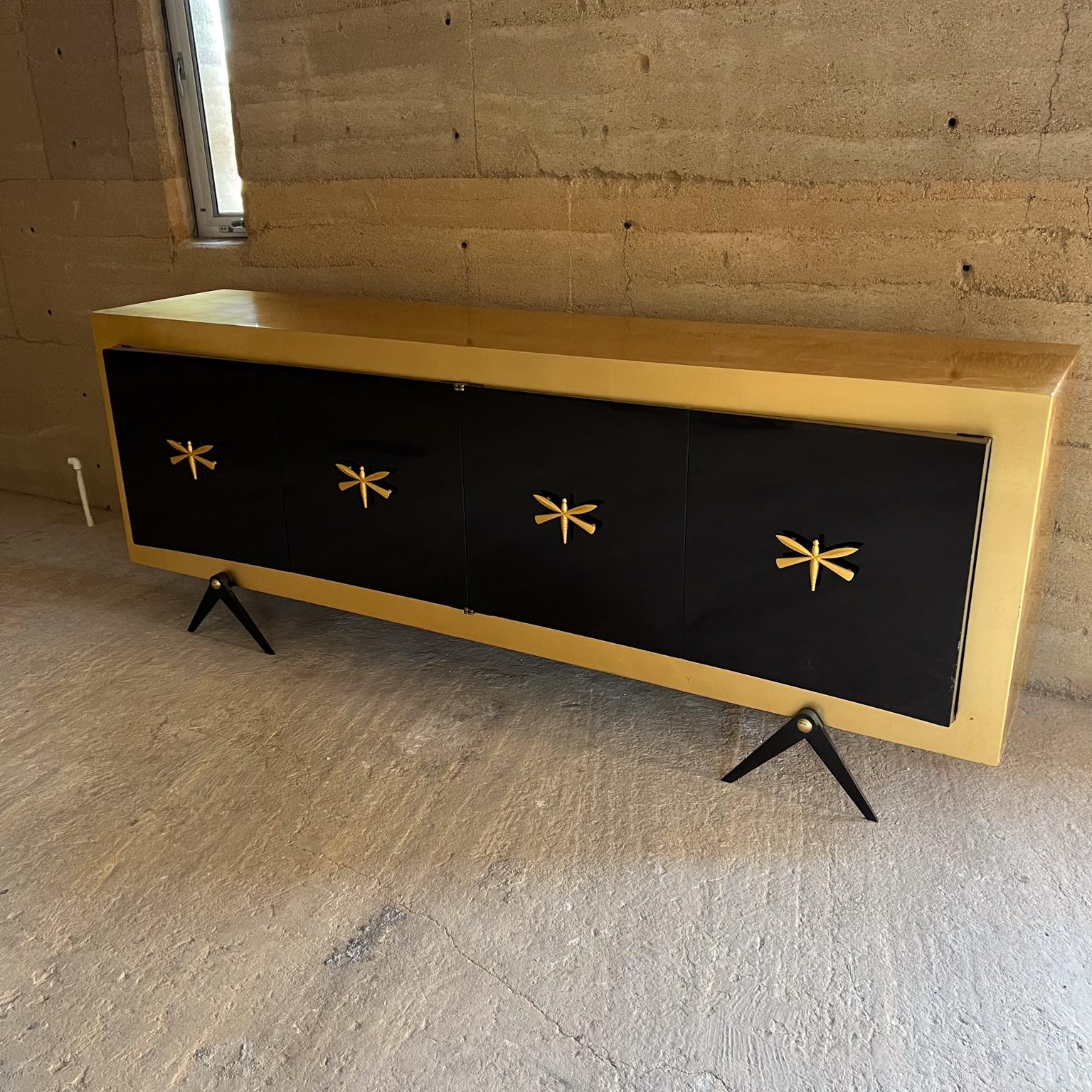 Brass 1950s Arturo Pani Black Dragonfly Credenza with Gold Leaf For Sale