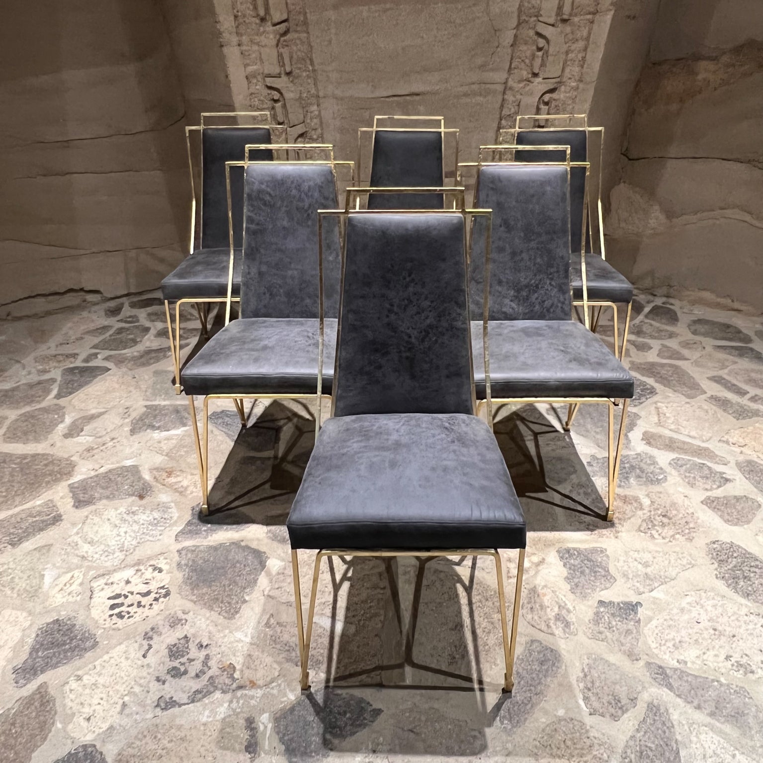 1950s Arturo Pani Mexican Modernism Exquisite set of six gold leaf dining chairs in rich gray, Mexico City 
Unmarked. 
Measures: 36 tall x 22.75 depth x 17.5 width Seat 18.5 height
Original vintage very good preowned condition. New