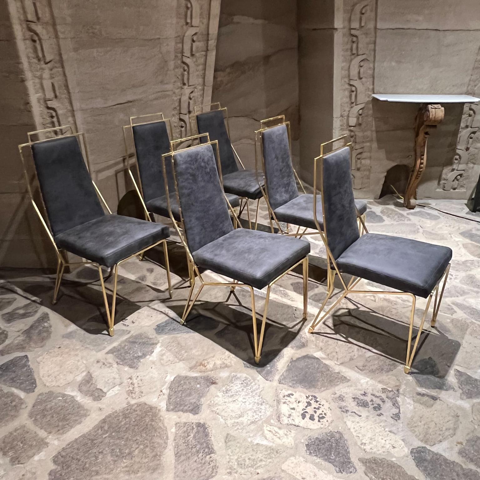 Fabric 1950s Arturo Pani Mexico Modernism Set of Six Gold Leaf Dining Chairs Rich Gray For Sale