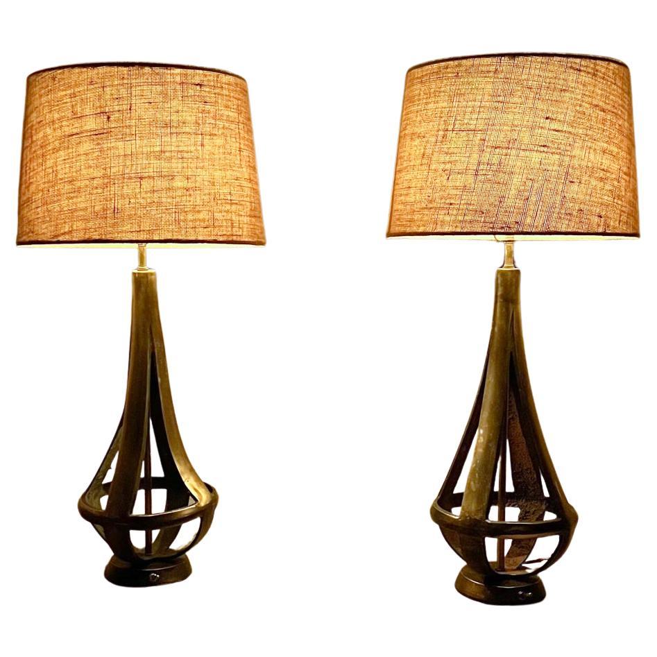 1950s Arturo Pani Sculptural Brass Bronze Table Lamps Mexico City