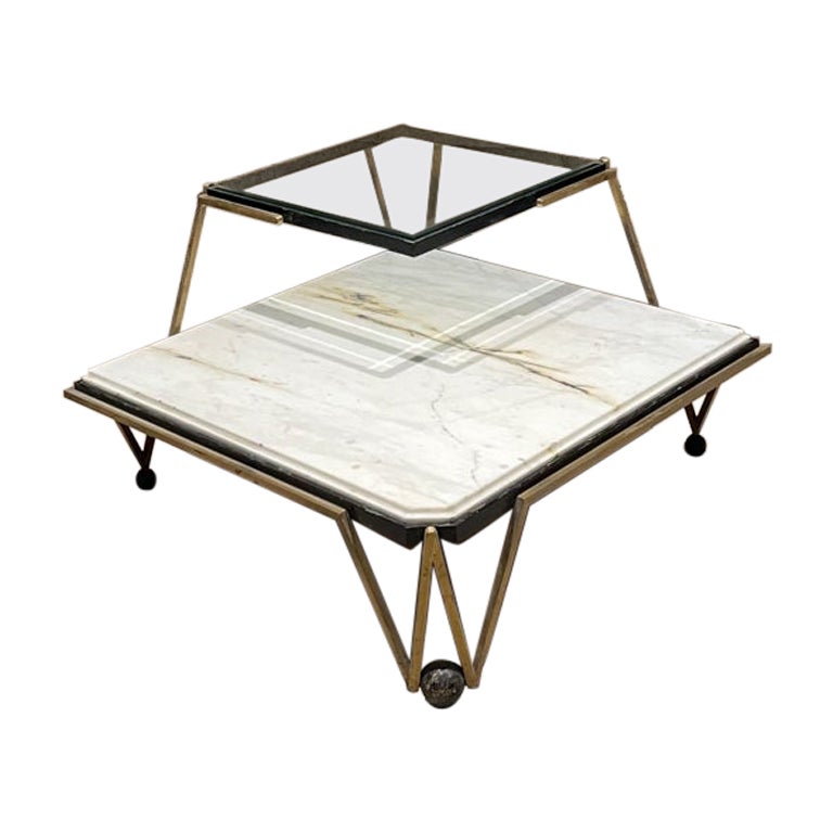 1950s Arturo Pani Stunning Corner Table Marble Glass Bronze Mexico City
