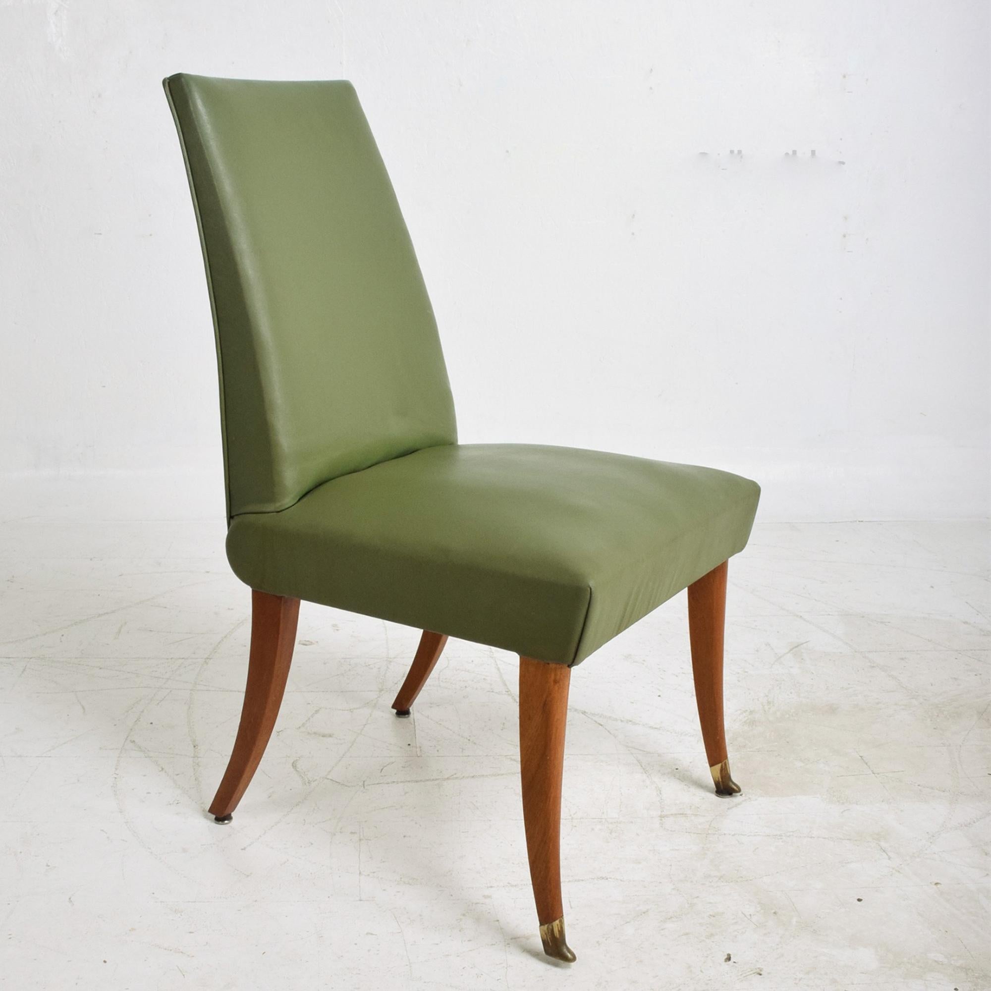 Mexican 1950s Arturo Pani Eight Dining Chairs Faux Green Leather Mahogany & Brass