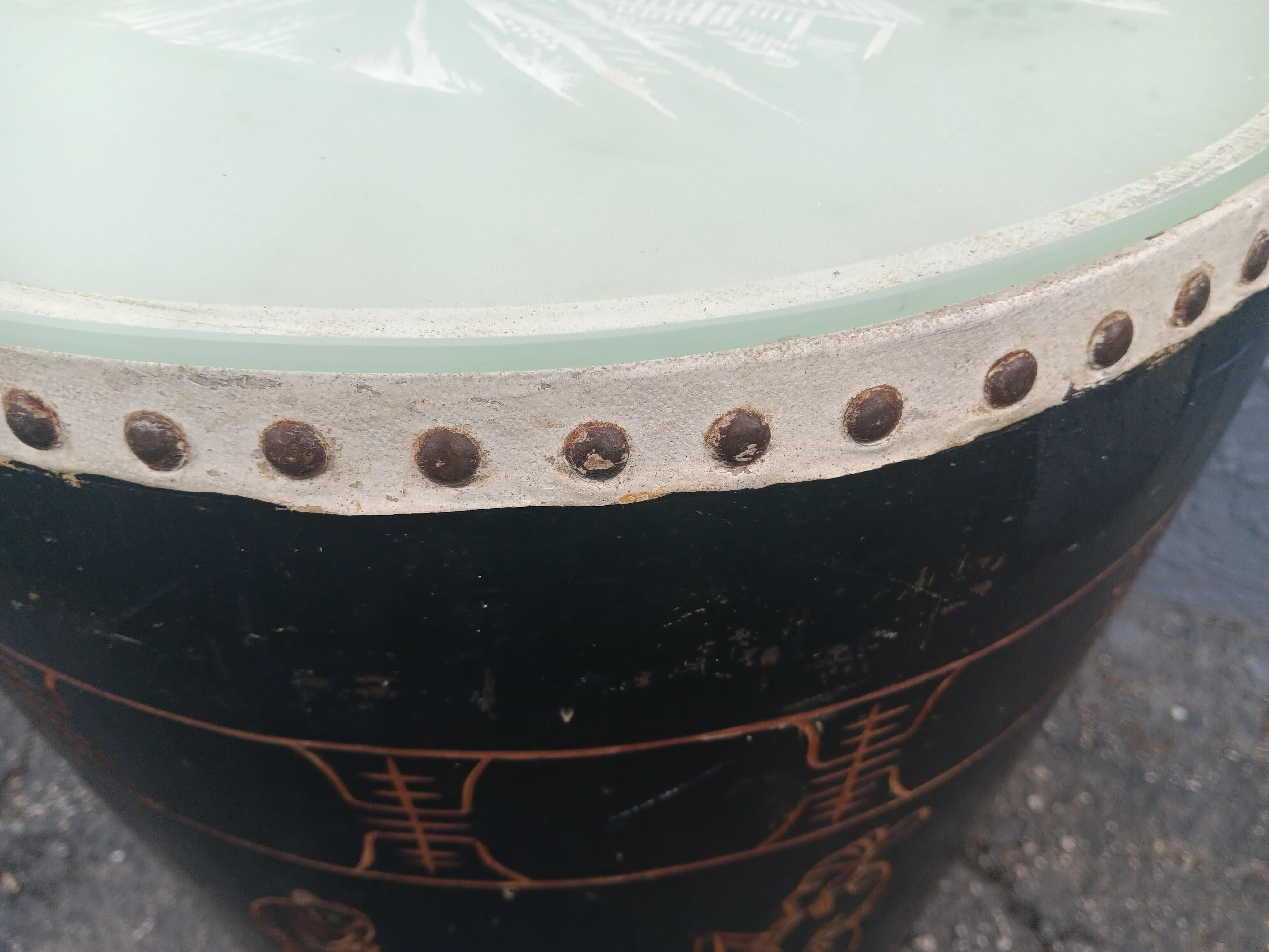Chinese 1950's Asian Chinoiserie Leather/ Carved Glass Top Drum/ Side Table For Sale