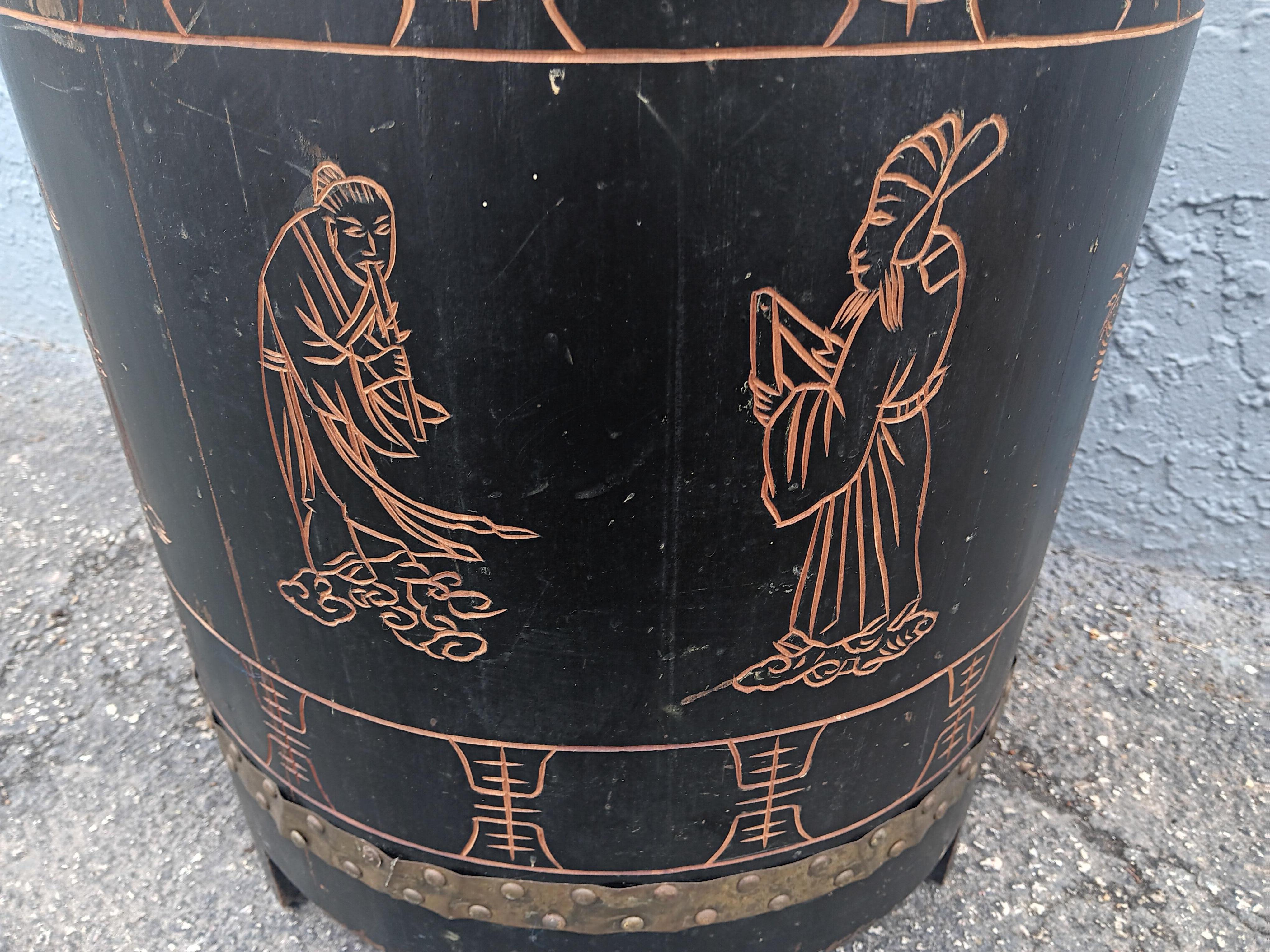 1950's Asian Chinoiserie Leather/ Carved Glass Top Drum/ Side Table In Good Condition For Sale In Opa Locka, FL