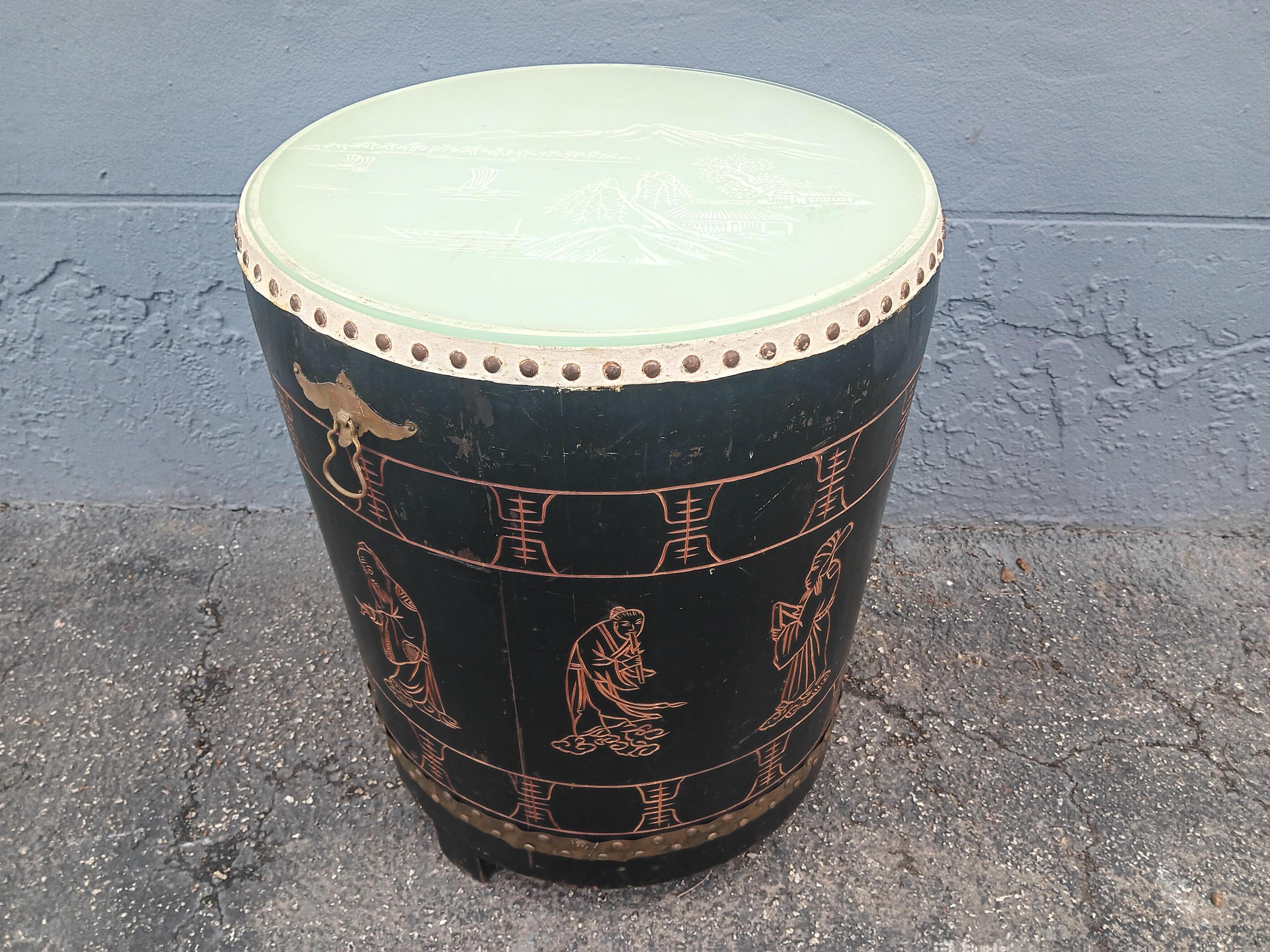 Mid-20th Century 1950's Asian Chinoiserie Leather/ Carved Glass Top Drum/ Side Table For Sale