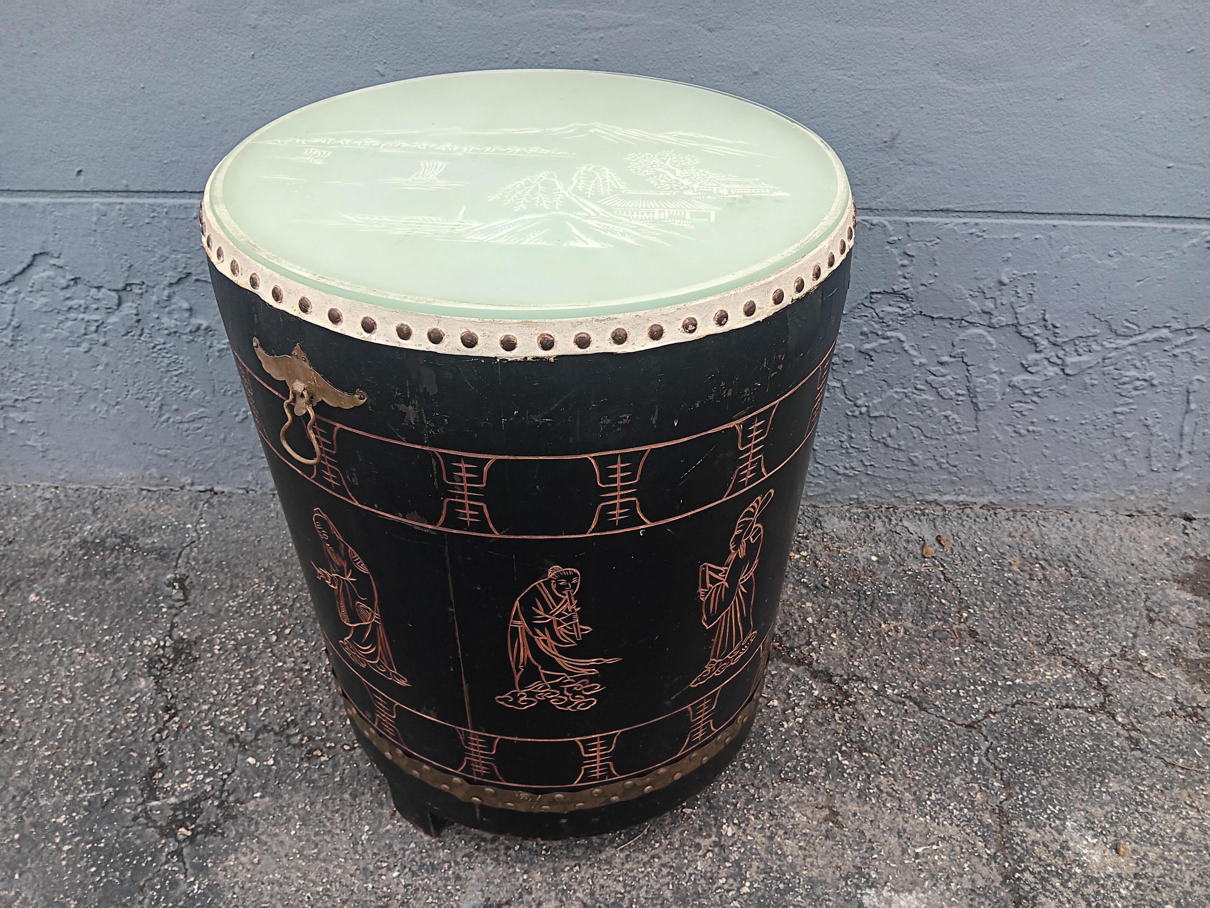 Wood 1950's Asian Chinoiserie Leather/ Carved Glass Top Drum/ Side Table For Sale