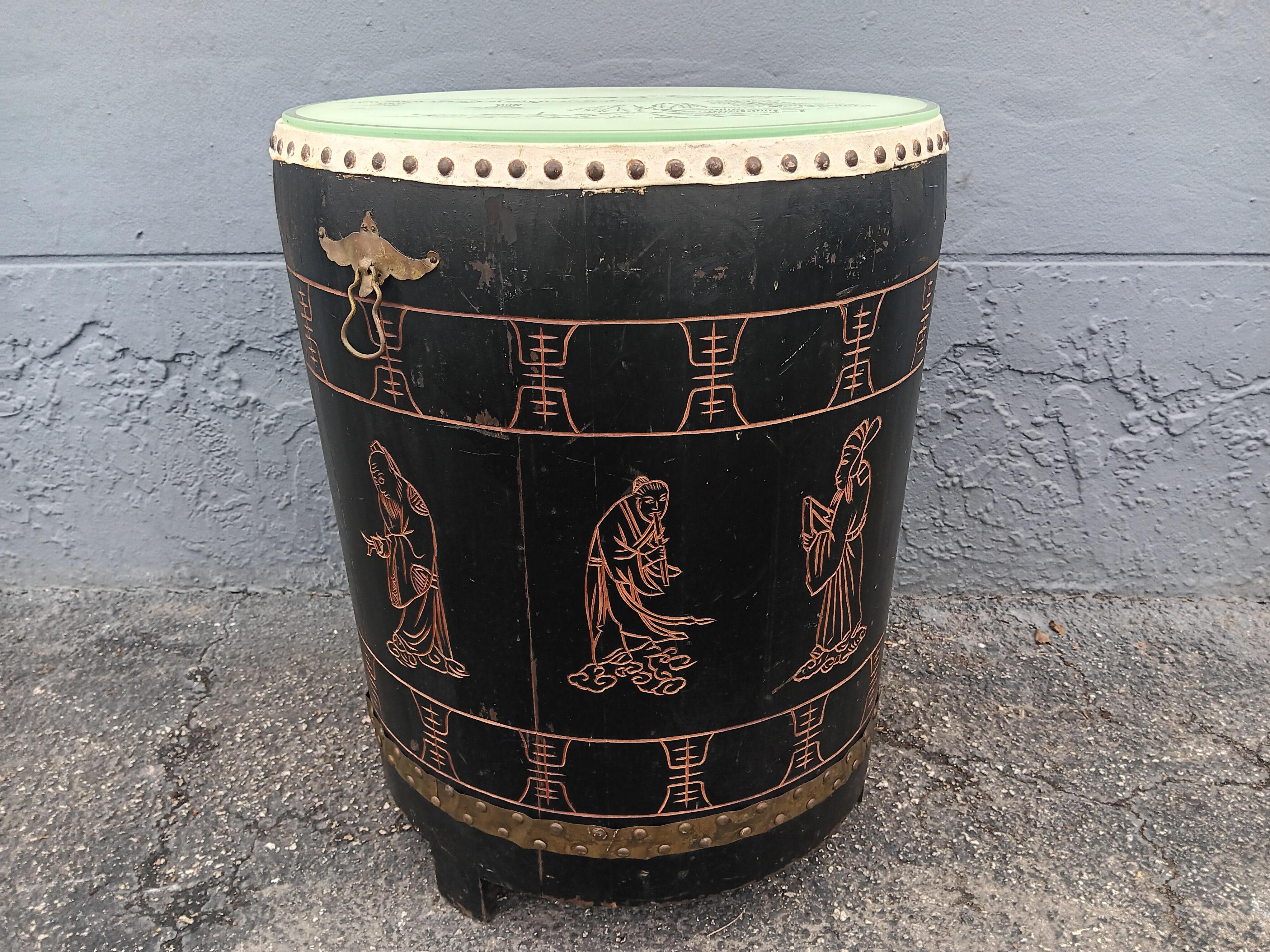 1950's Asian Chinoiserie Leather/ Carved Glass Top Drum/ Side Table For Sale 1